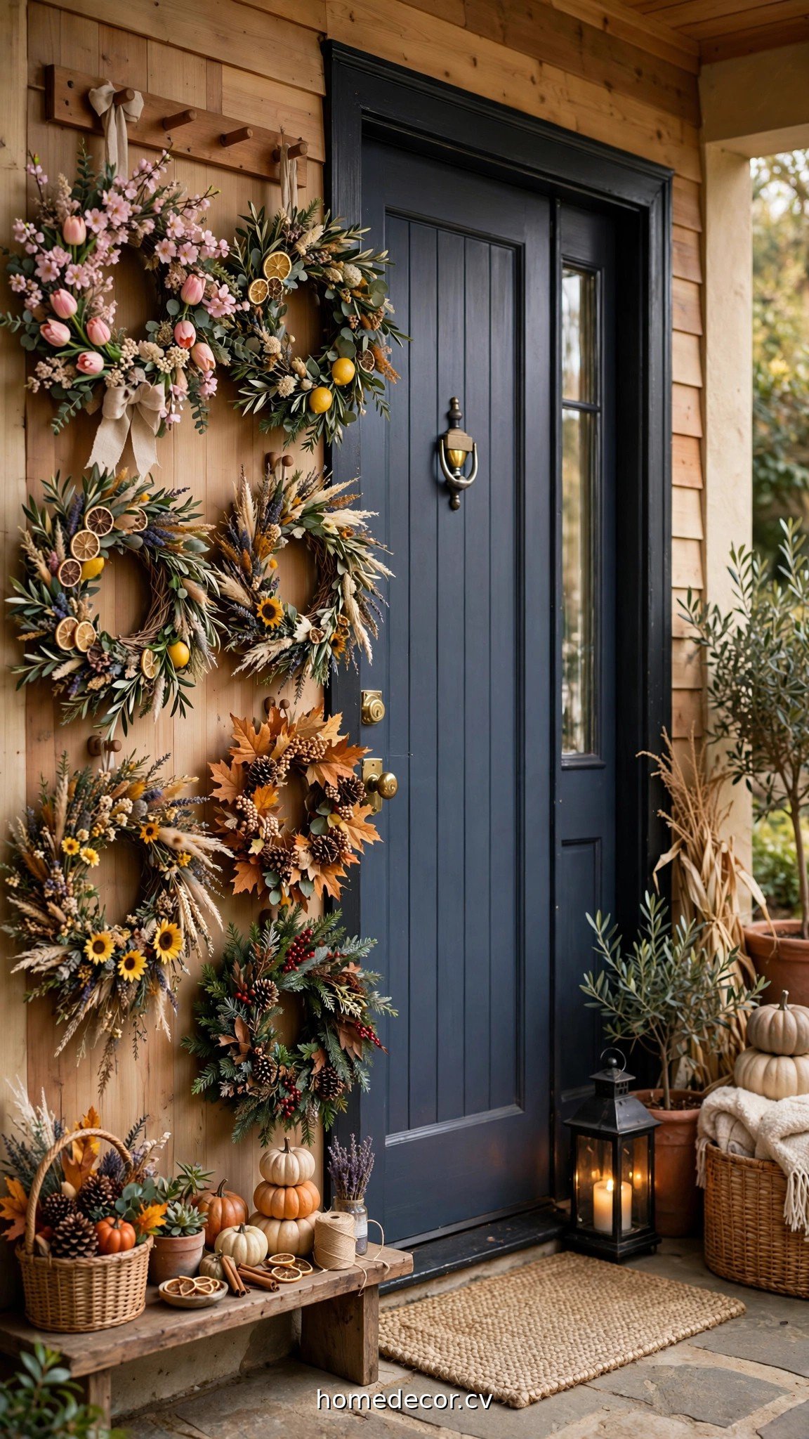 Front door with seasonal wreath collection and interchangeable decor