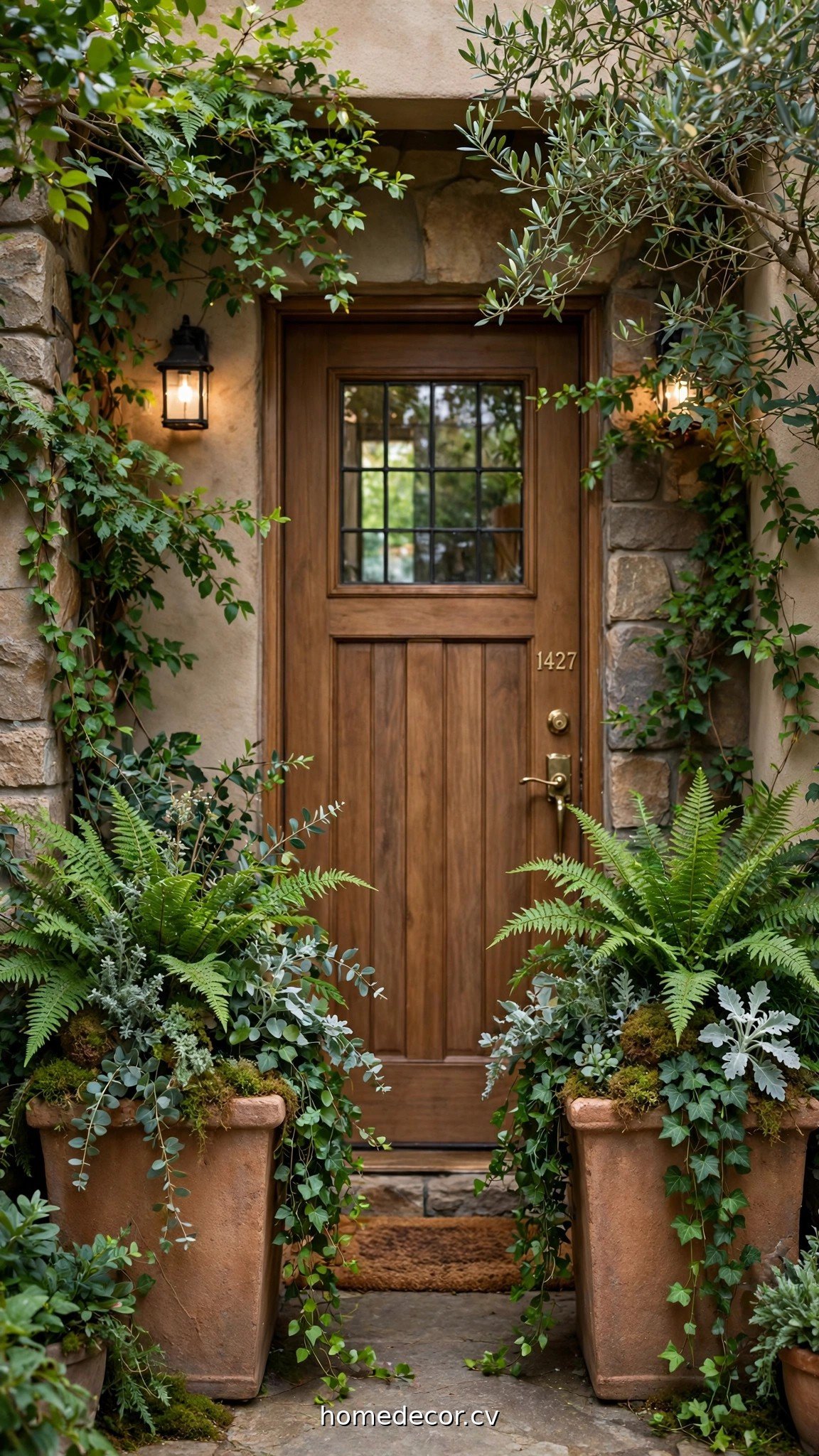 Front door framed by matching planters and lush greenery