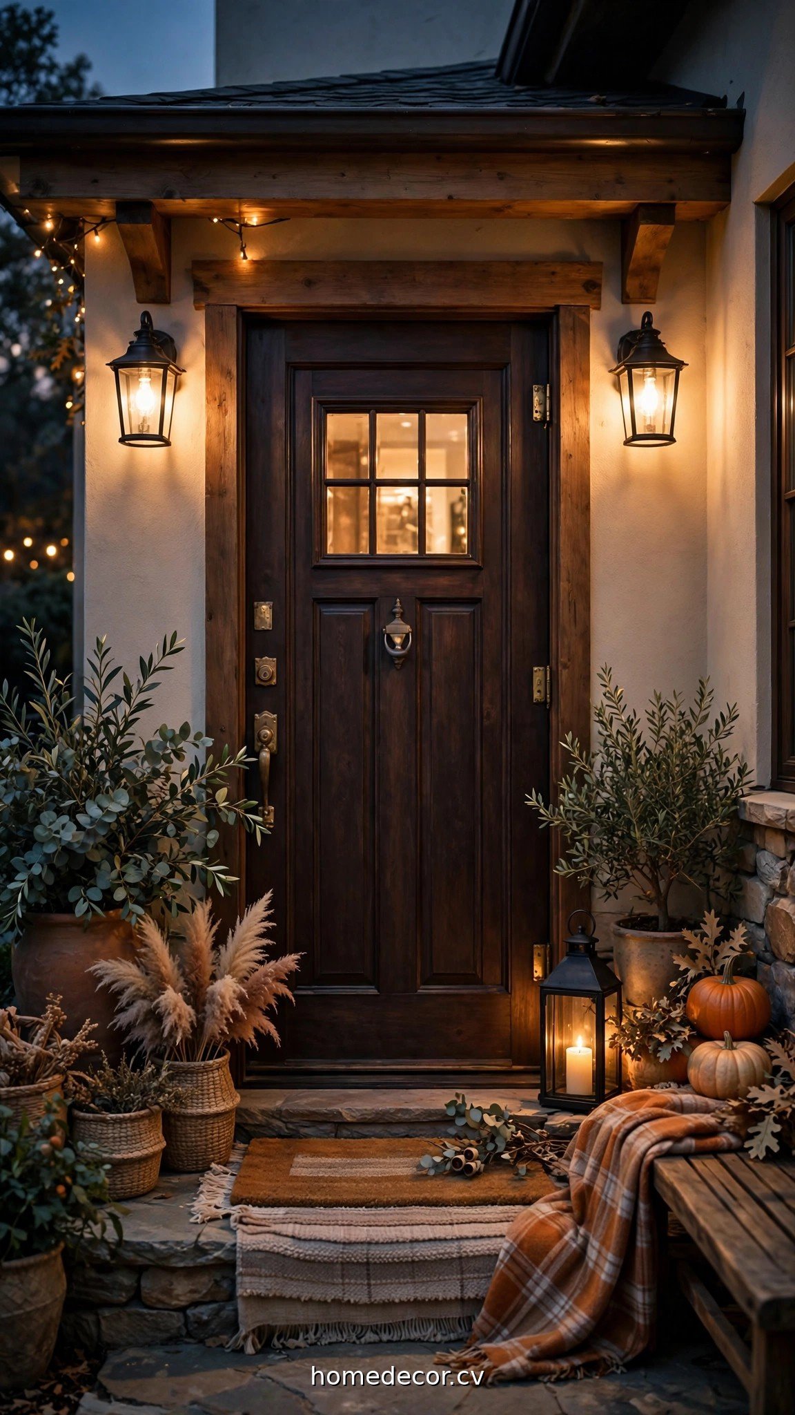 Front door glowing with warm porch lighting and layered entry decor