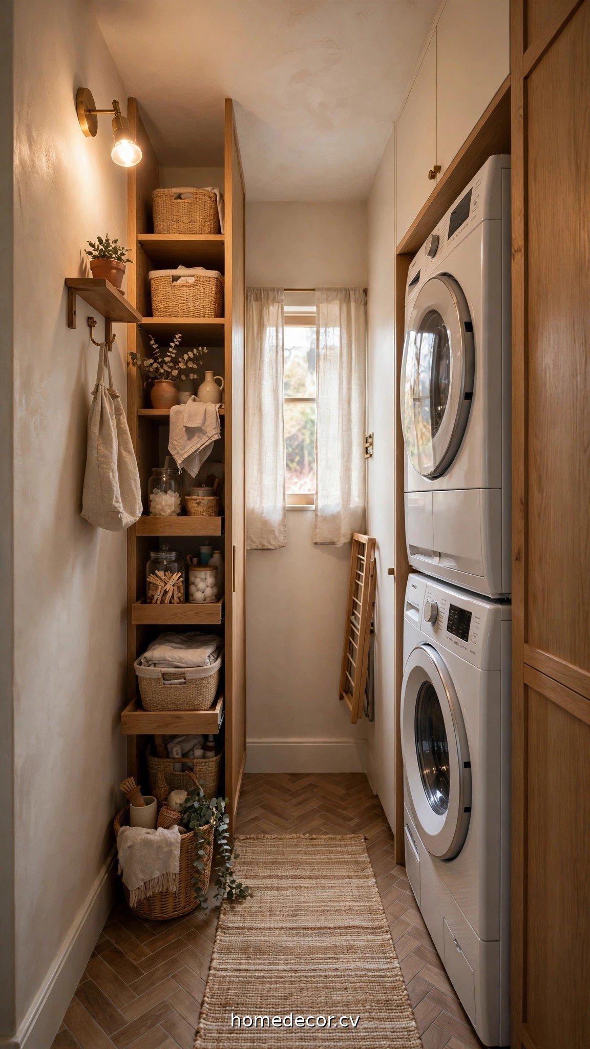 Narrow laundry room layout with stacked washer dryer and slim storage