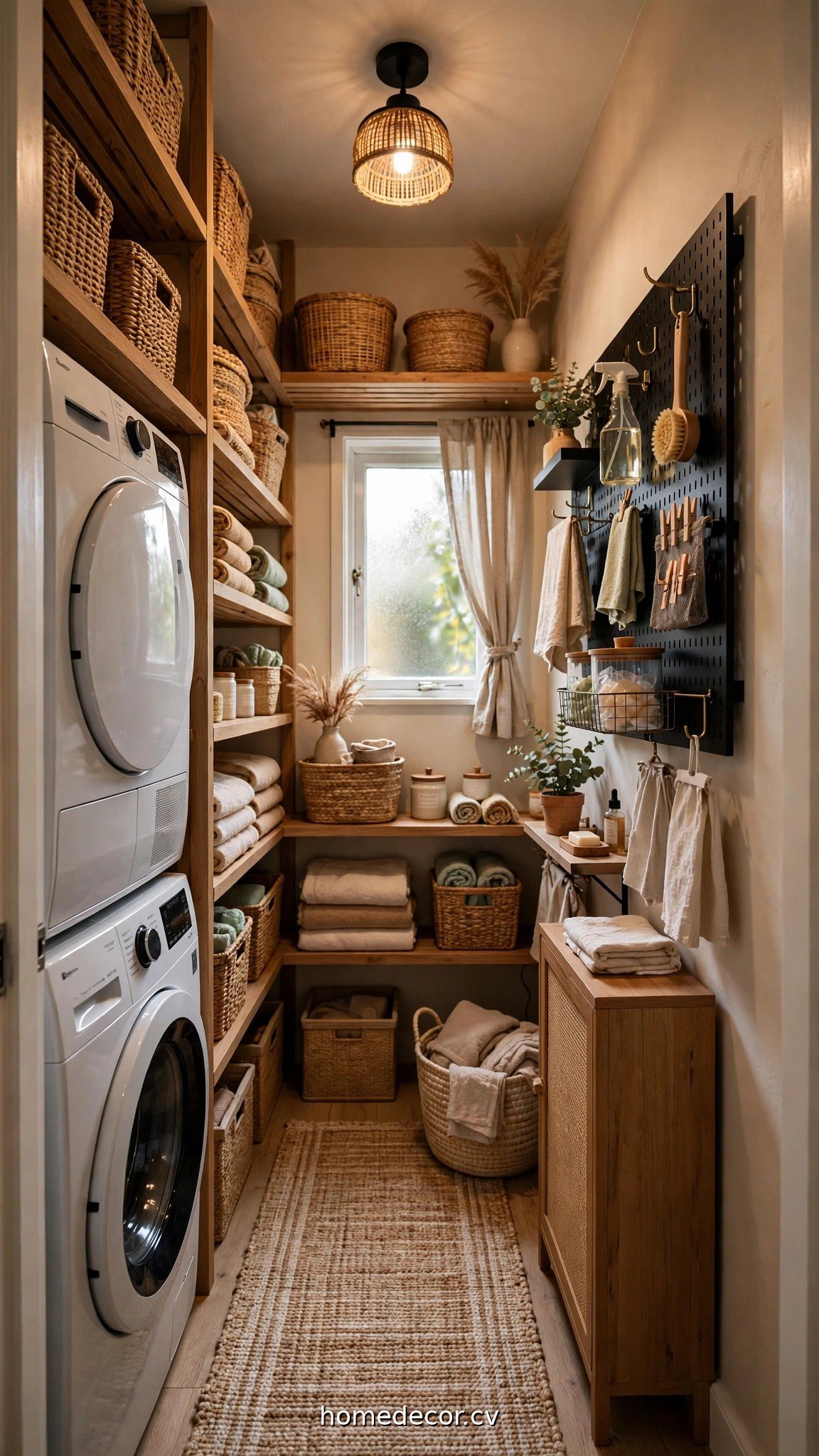 Vertical storage in a narrow laundry room with shelves and wall organizers