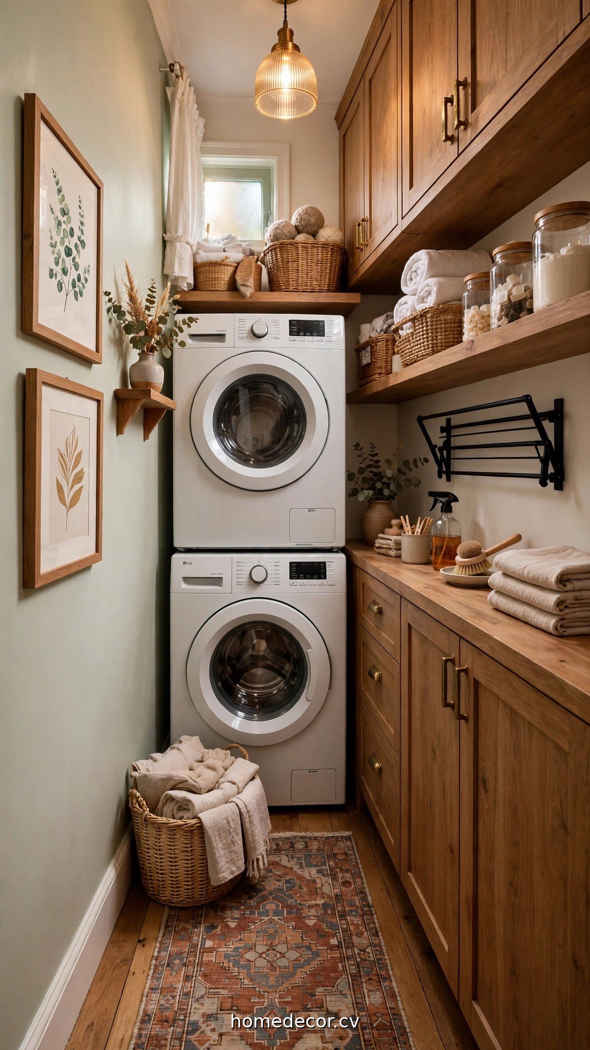 Stylish narrow laundry room with patterned rug, artwork and organized supplies