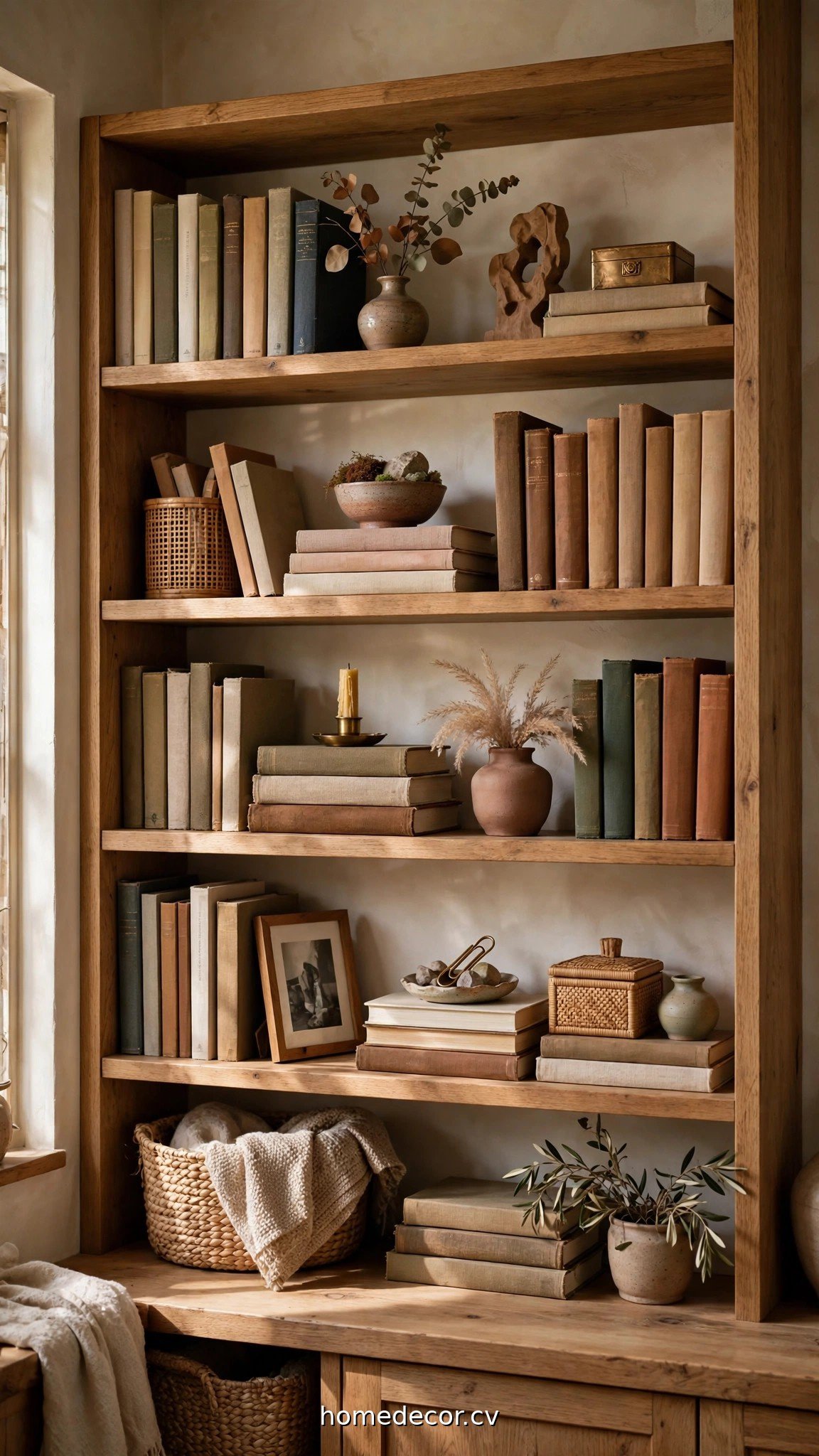Beautifully styled bookshelf with books arranged vertically and horizontally with decor objects