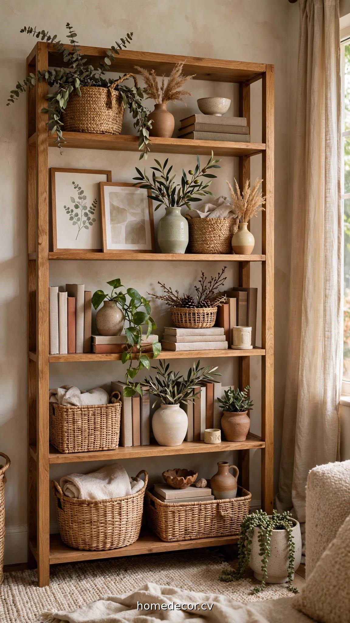 Bookshelf decorated with plants, baskets, framed art and ceramic vases