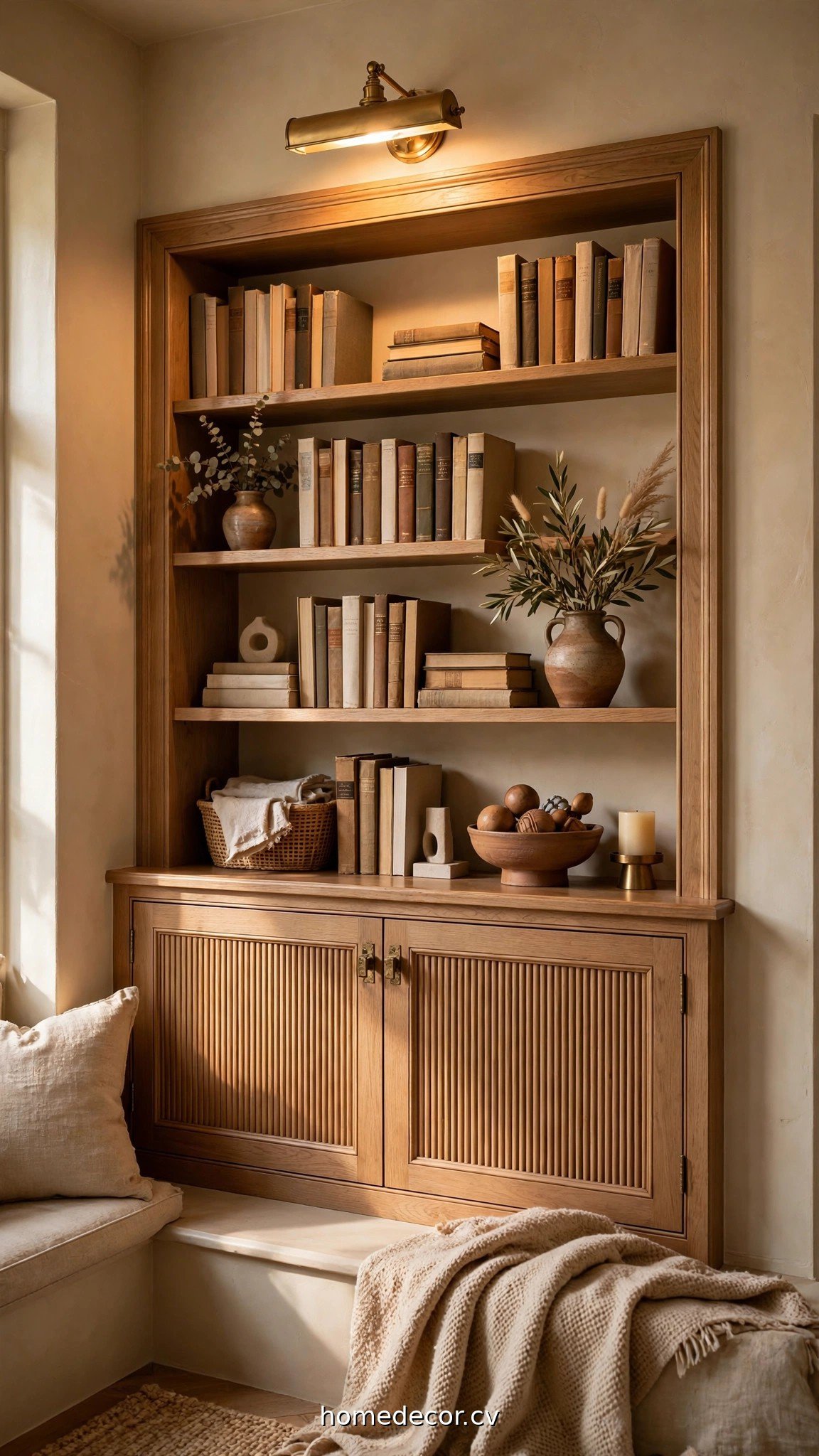 Bookshelf with warm picture lighting and styled built-in look