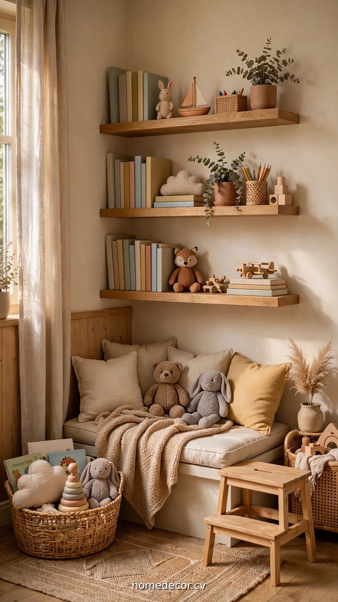Small space bookshelf ideas with floating shelves and a kids reading corner