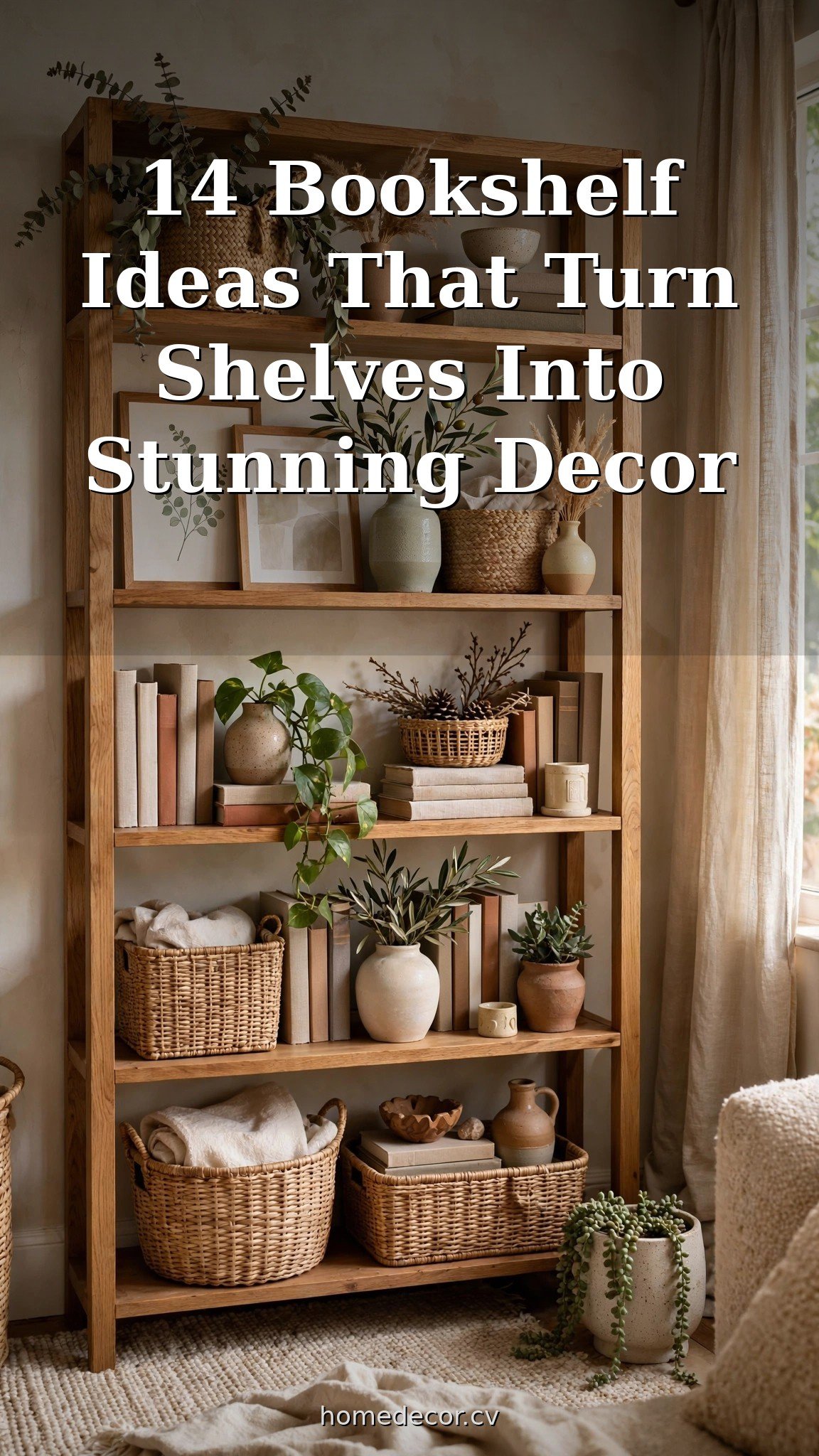 Pinterest pin: 14 Bookshelf Ideas That Turn Shelves Into Stunning Decor