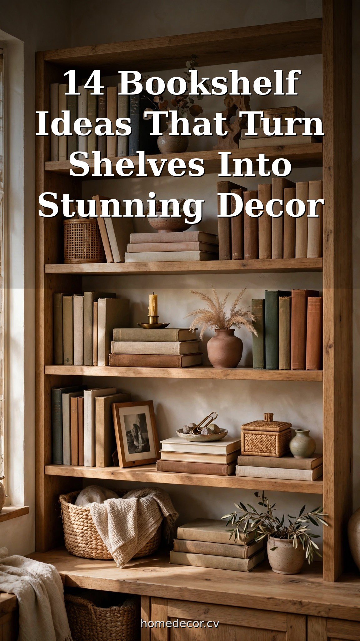 Pinterest pin: 14 Bookshelf Ideas That Turn Shelves Into Stunning Decor