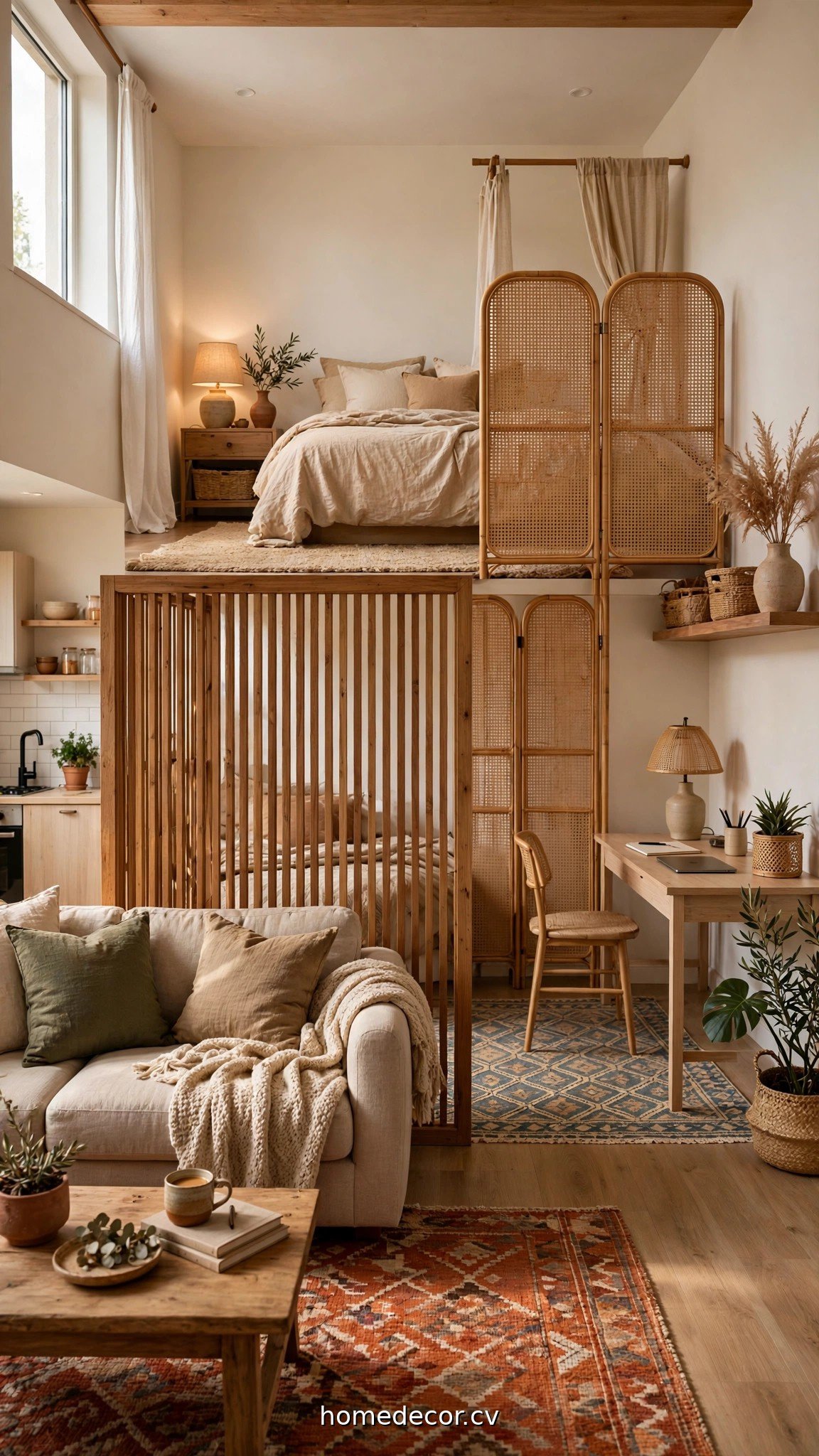 Studio apartment zoning ideas with room dividers and area rugs