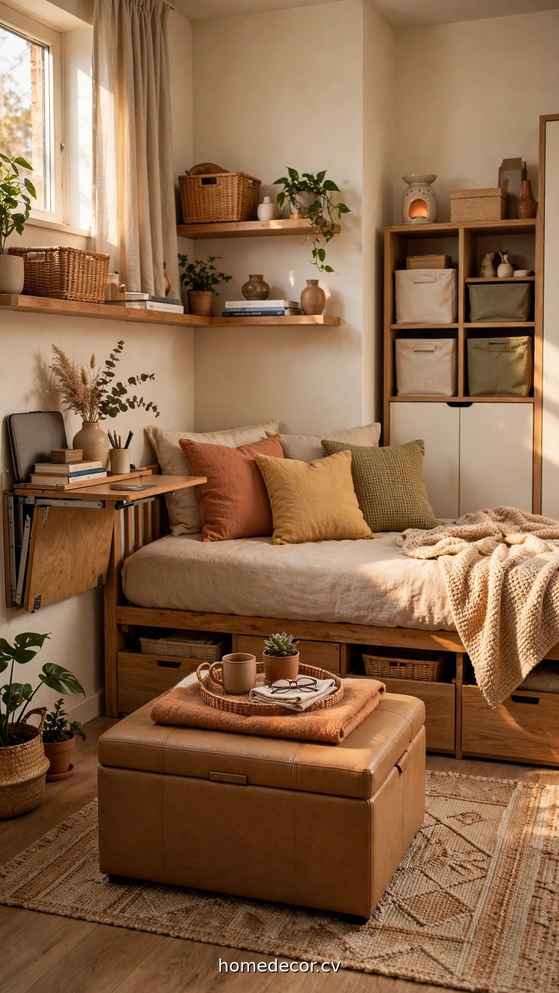 Multifunctional studio apartment furniture including a daybed and storage ottoman