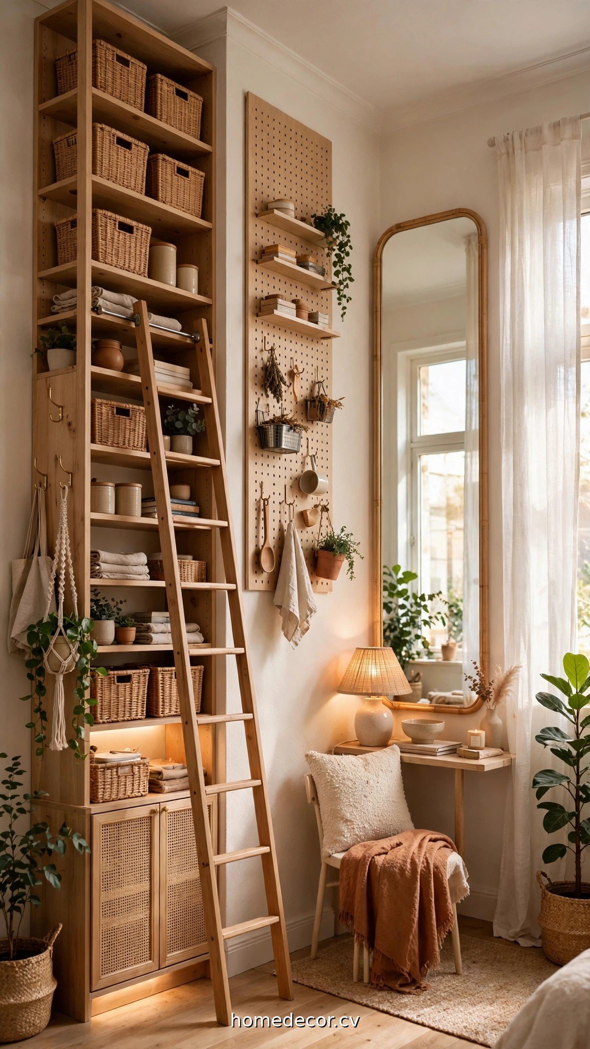 Vertical storage and light-enhancing tricks in a studio apartment