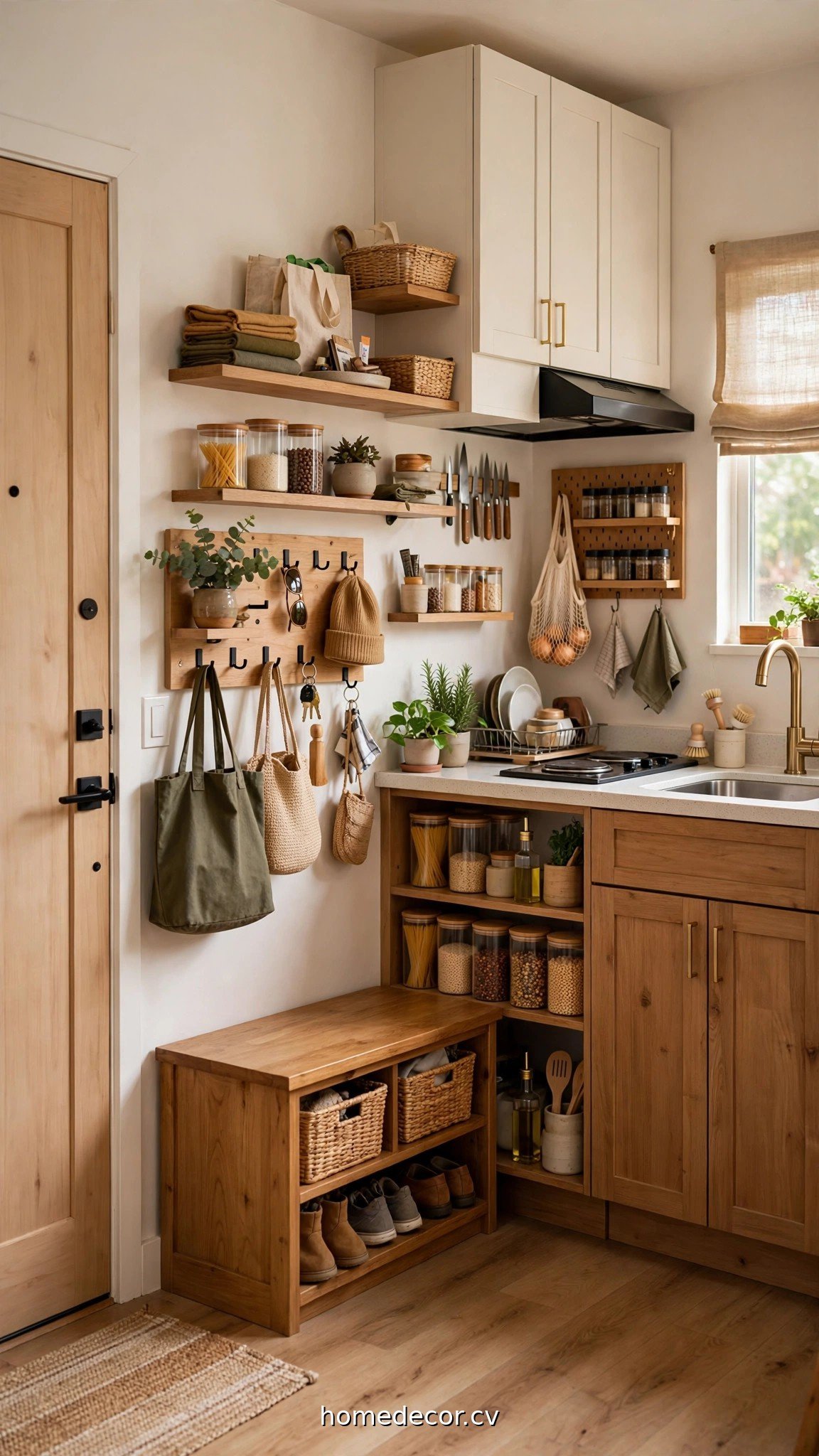 Compact studio apartment kitchen and entryway organization ideas