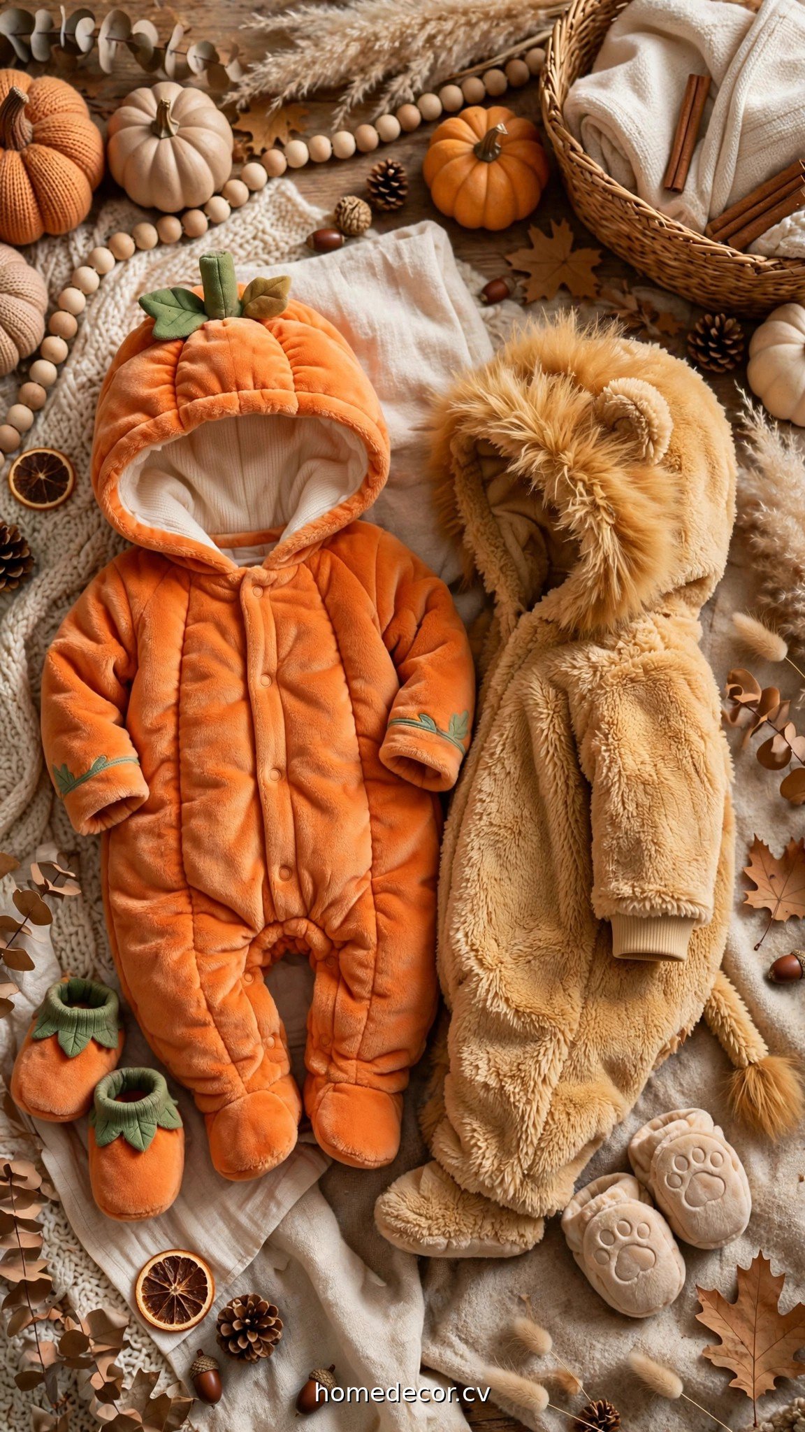 Adorable babys first Halloween costume ideas including a plush pumpkin and lion