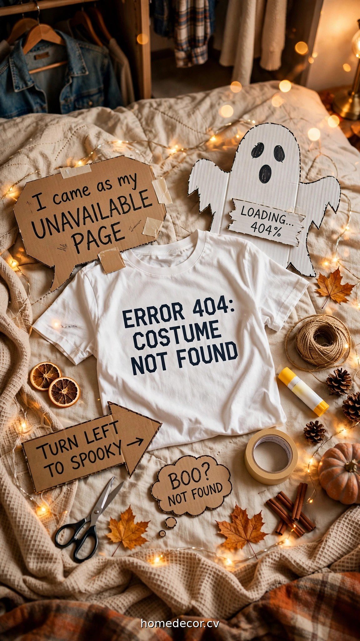 DIY funny Halloween costume pieces from a closet including an Error 404 t-shirt and cardboard props
