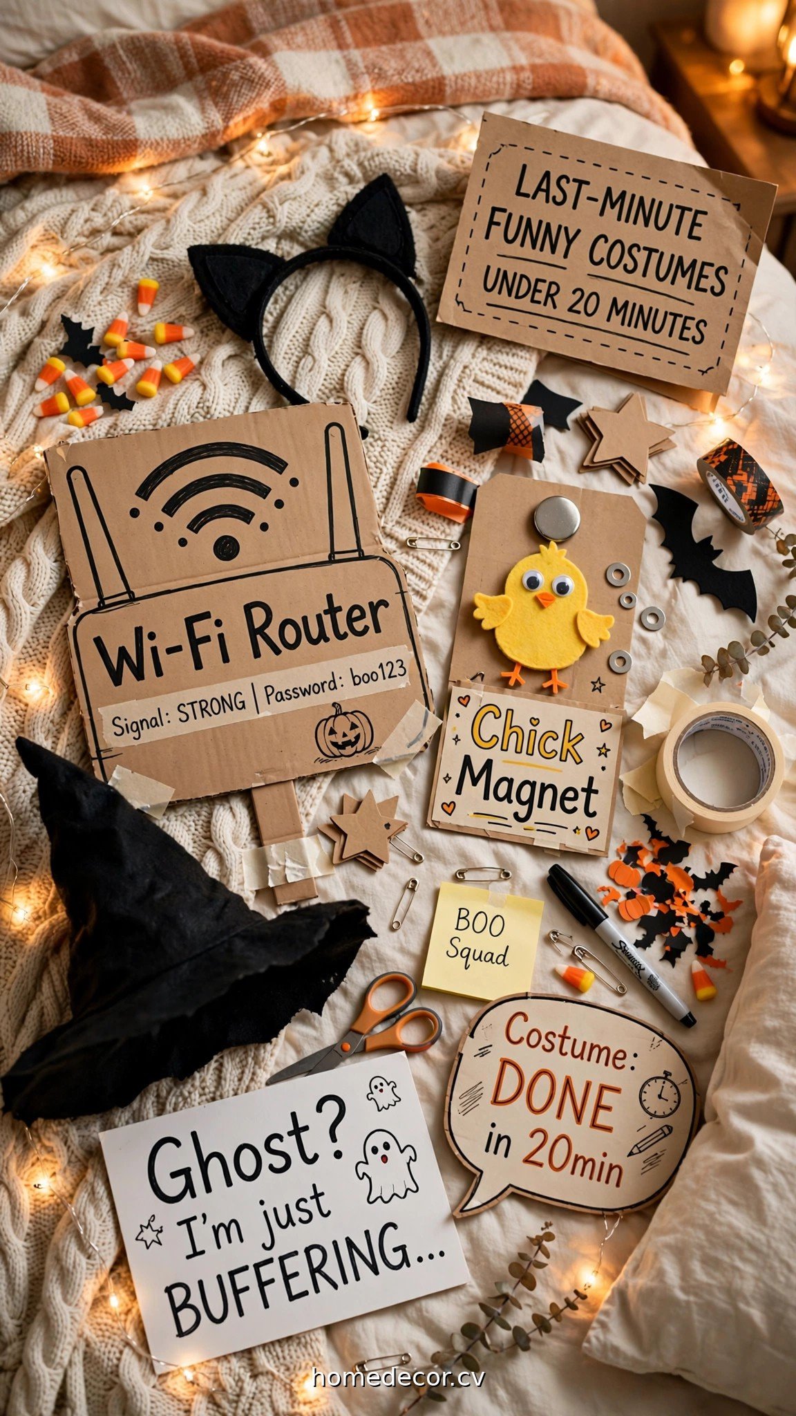 Last-minute funny Halloween costume props including a Wi-Fi router sign and chick magnet
