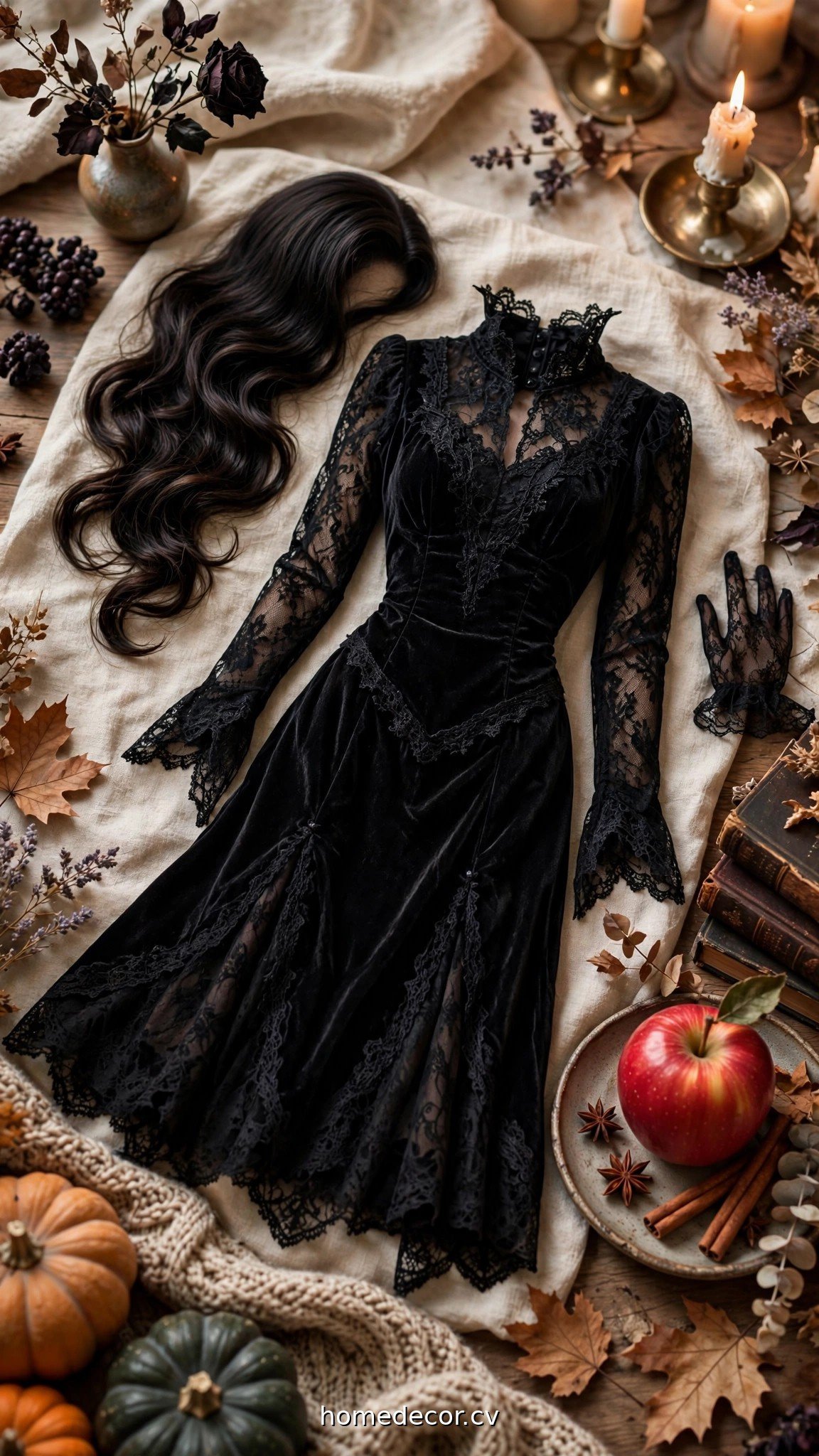 Dark-haired brunette Halloween costume inspiration with Morticia-style black dress and red apple prop