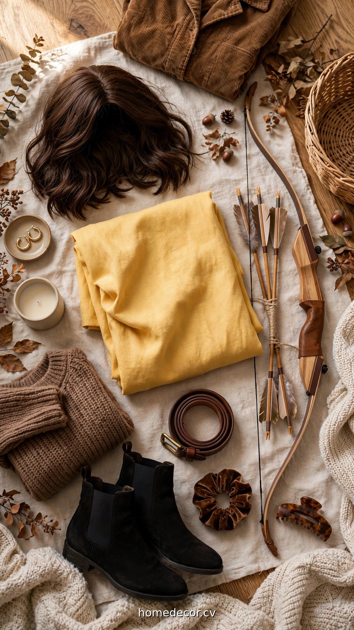 Closet-friendly brunette Halloween costume pieces with yellow dress fabric and bow and arrow props