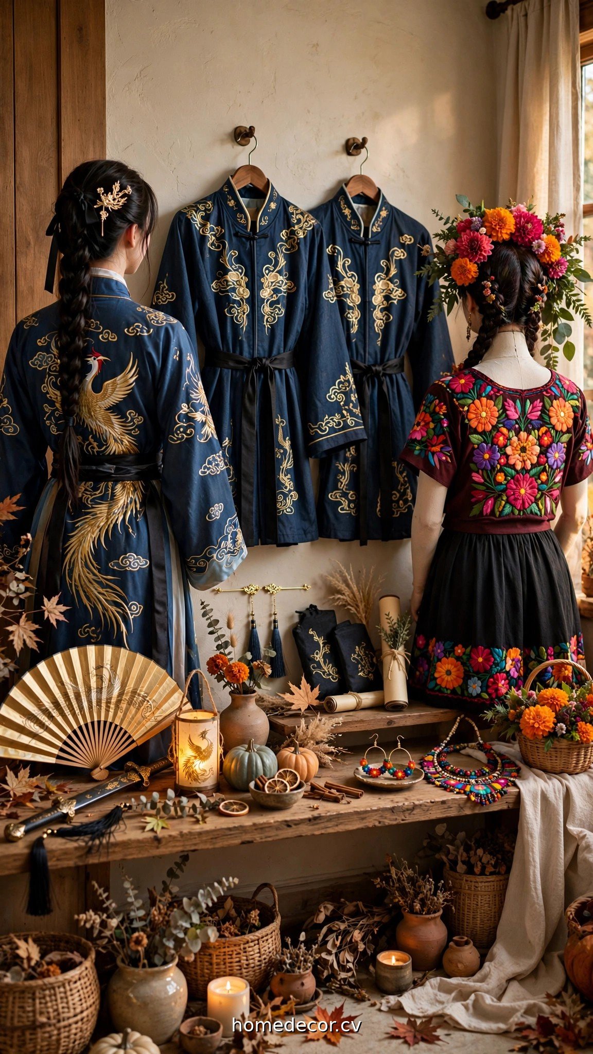 Brunette group Halloween costume ideas with Mulan-style and Frida Kahlo-inspired props
