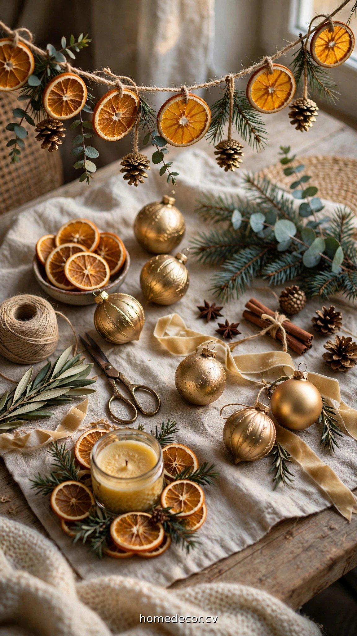 Elegant adult Christmas crafts including dried orange garlands and gold-painted ornaments
