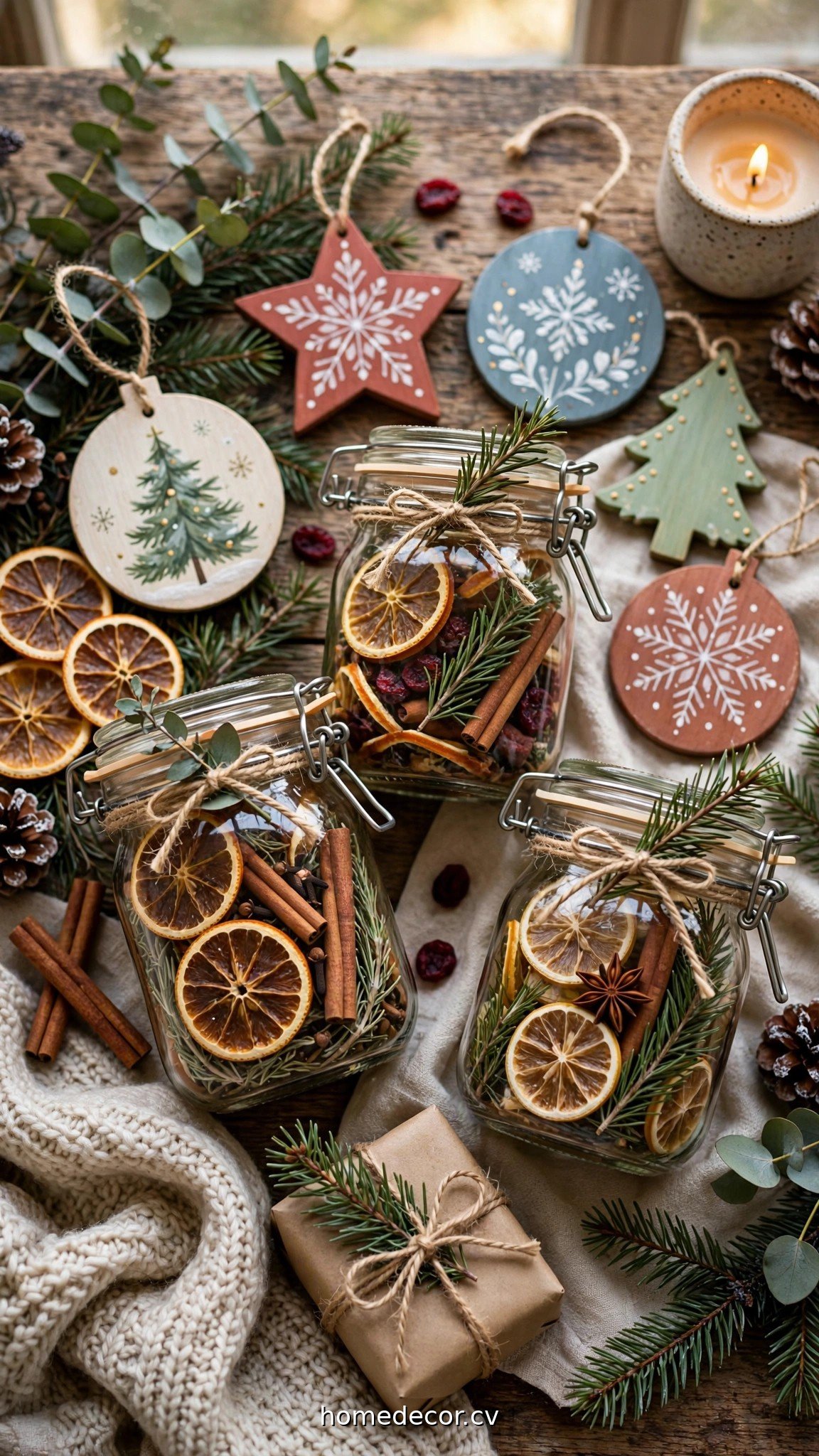 Handmade Christmas gifts including simmer pot jars and painted ornaments
