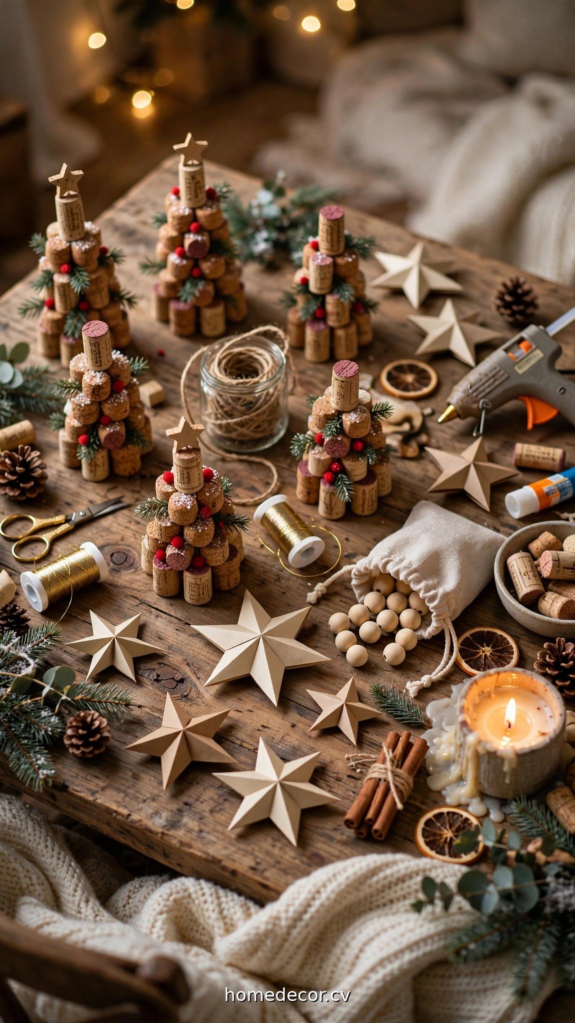 Christmas craft night with paper stars, wine cork trees and festive supplies on a table