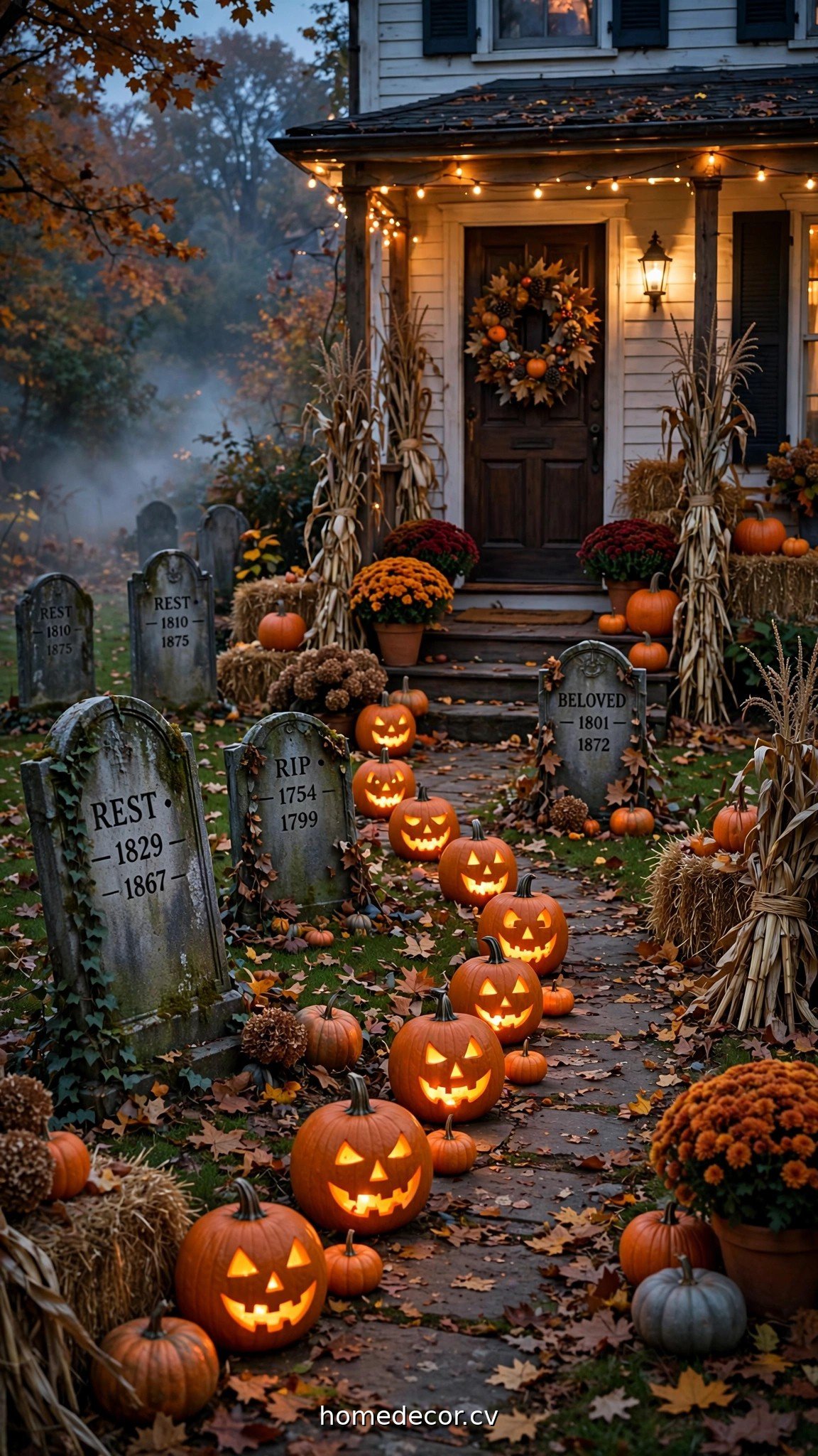 Spooky Halloween front yard with graveyard tombstones and glowing jack-o-lantern pathway