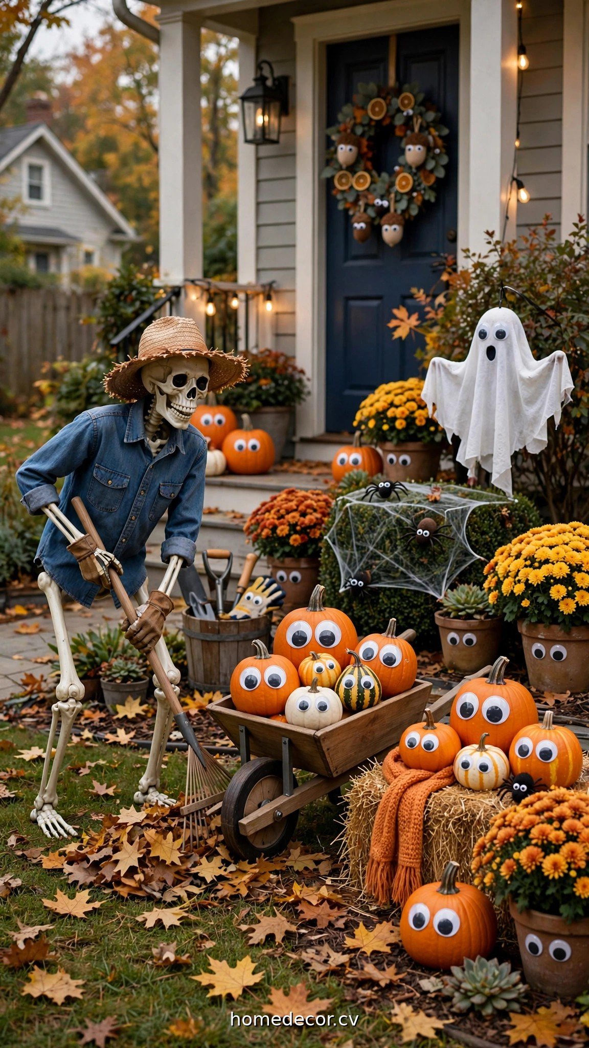 Funny Halloween yard display with skeleton doing yard work and googly-eyed decorations