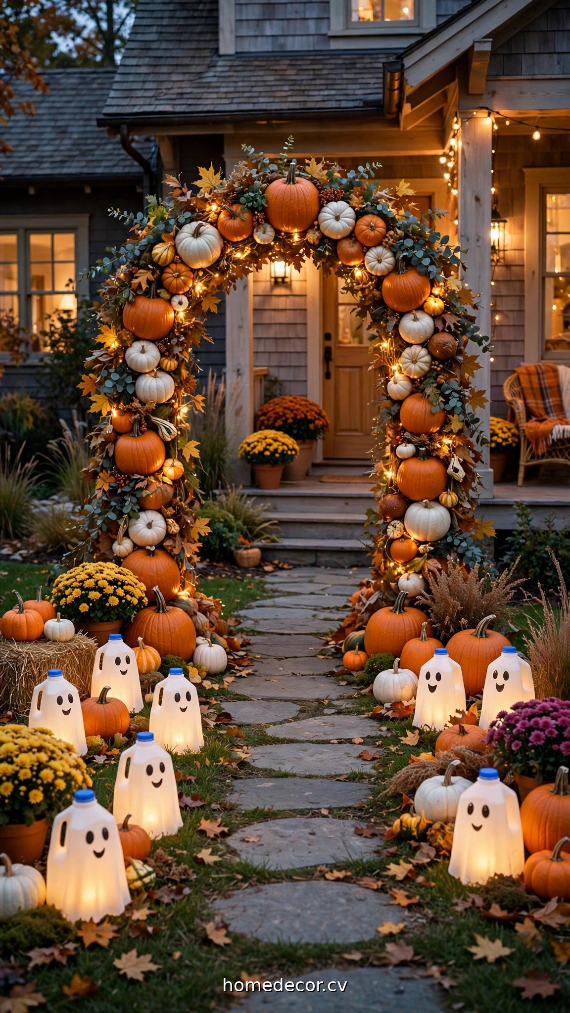 Kid-friendly Halloween yard with glowing milk jug ghosts and pumpkin arch