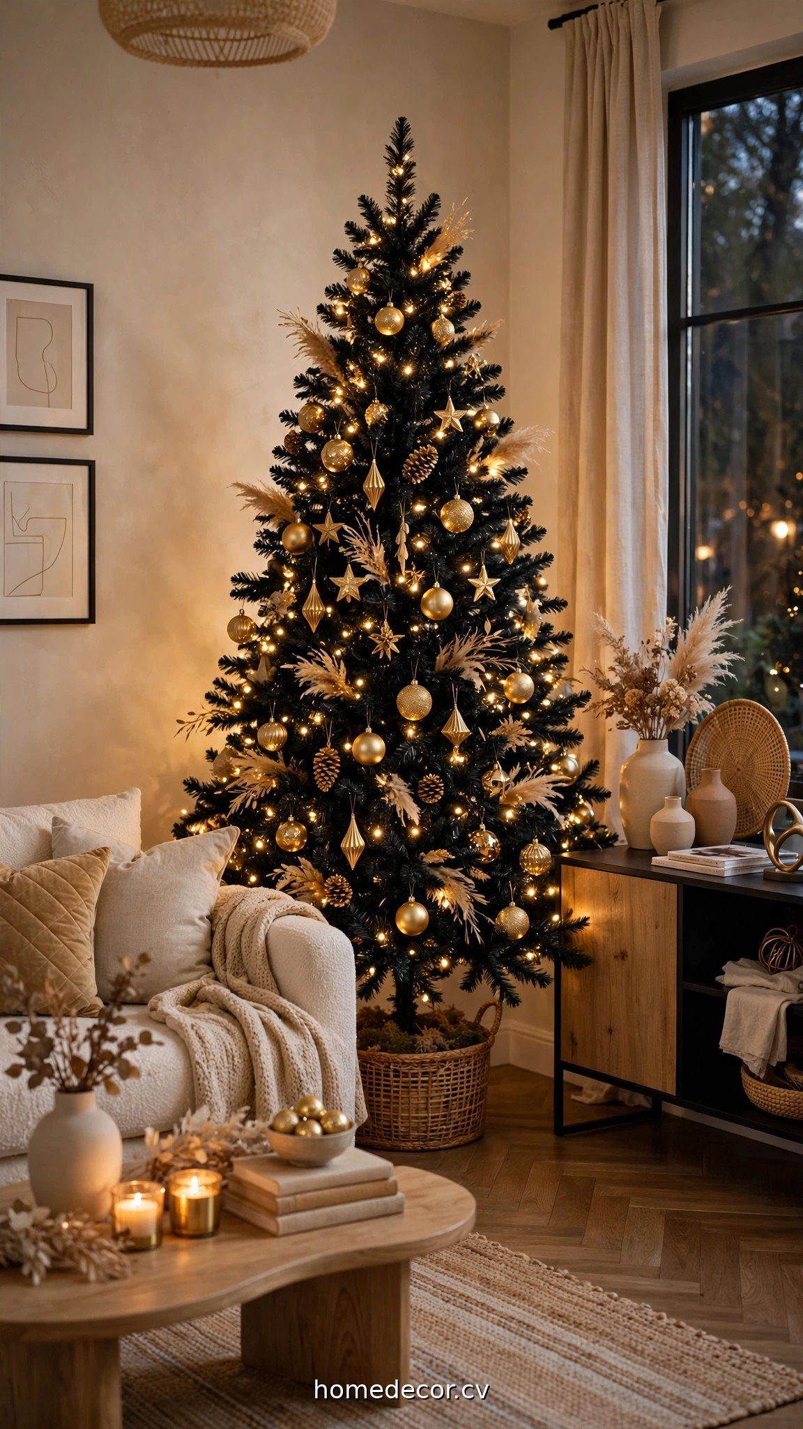 Black Christmas tree decorated with gold ornaments and warm white lights in a chic living room