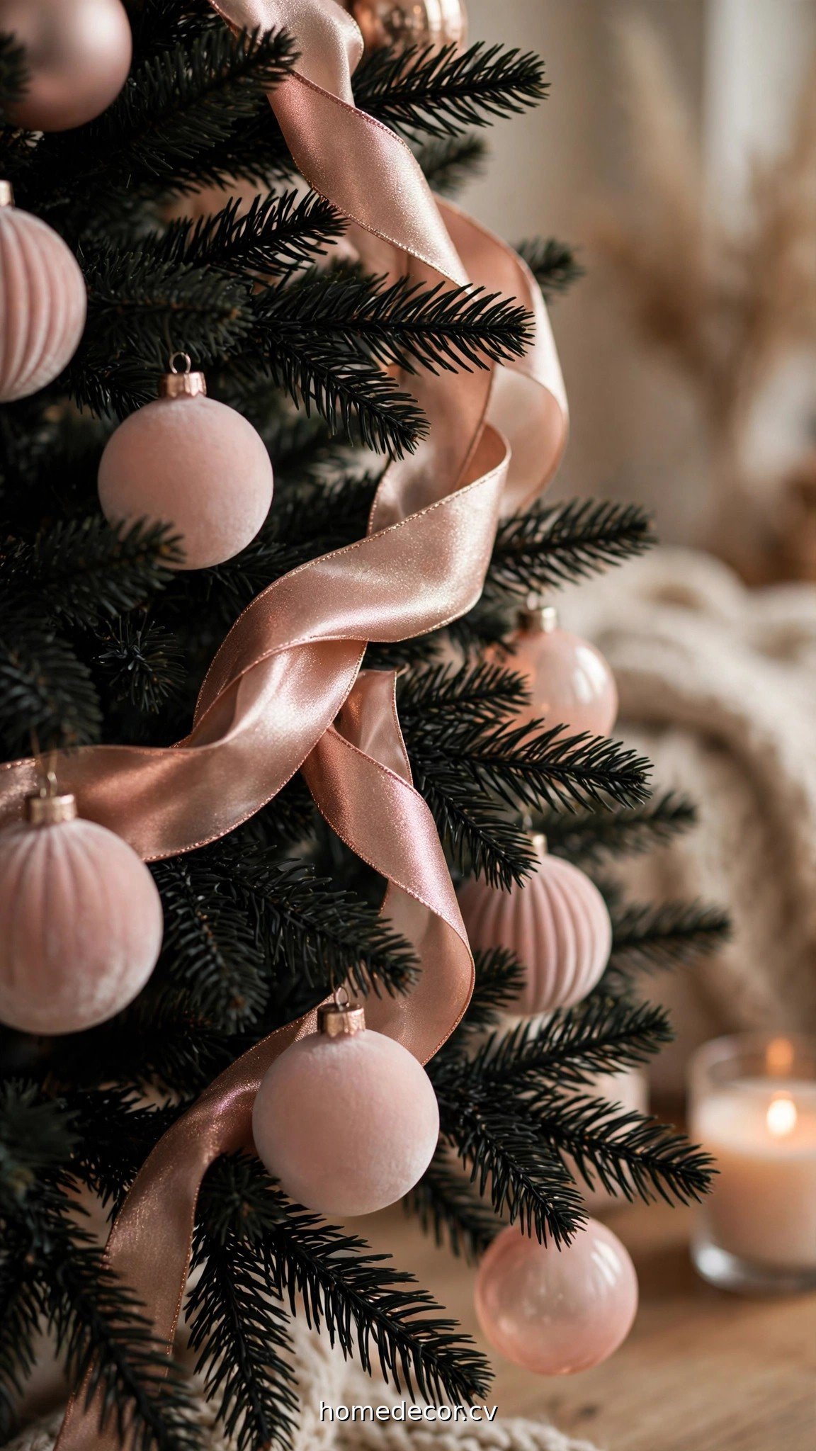 Close-up of black Christmas tree branches with rose gold ribbon and blush ornaments