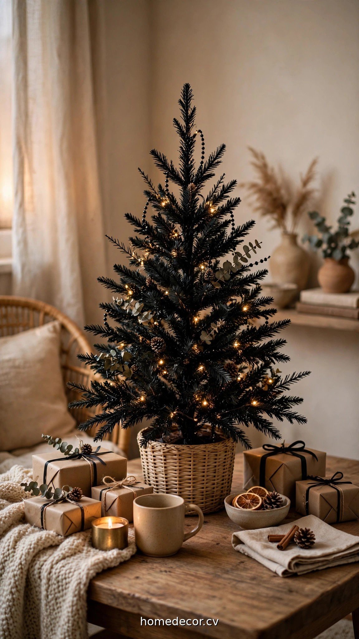 Small black Christmas tree on a tabletop in a cozy apartment corner with gifts