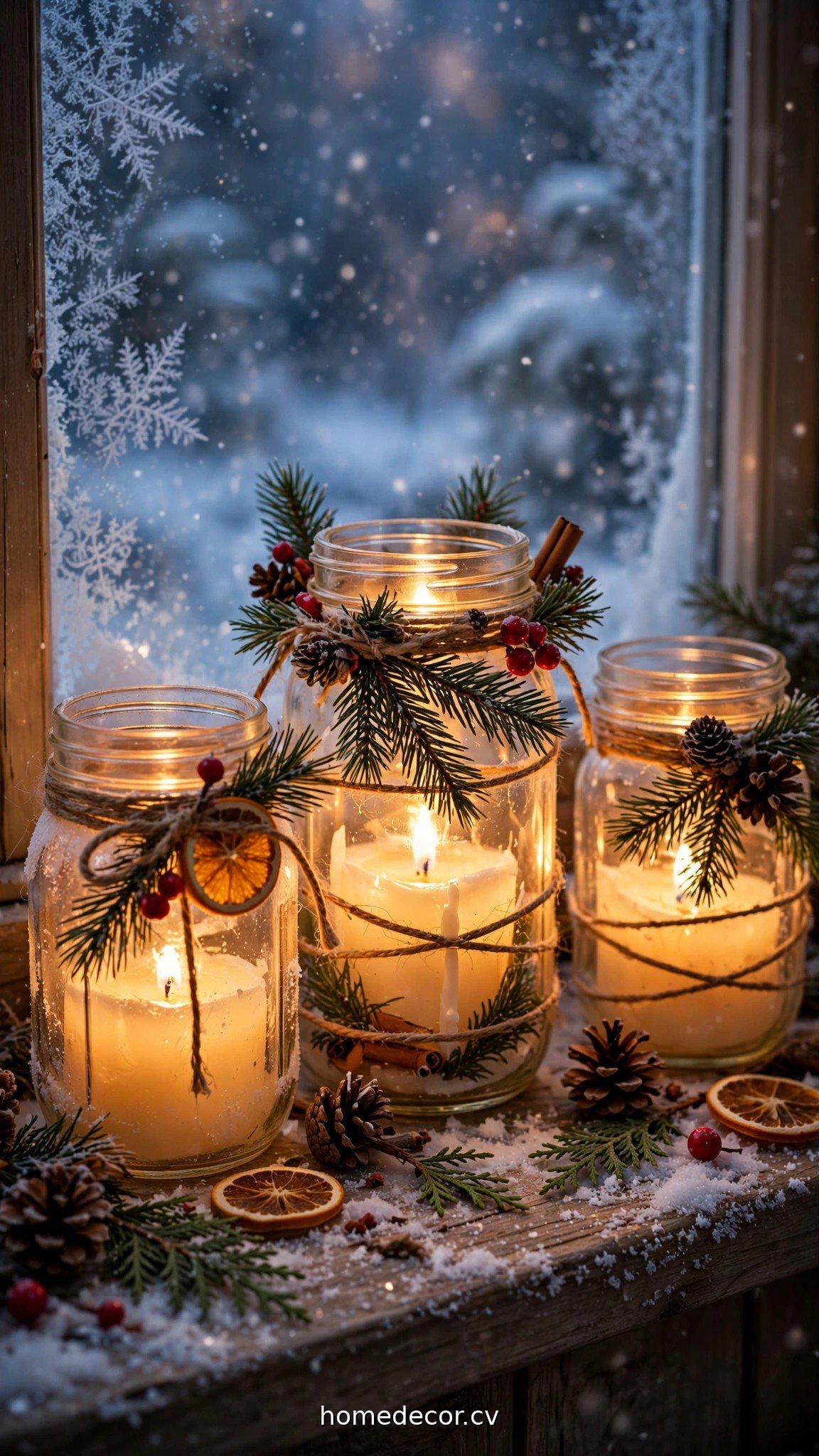 Glowing Christmas mason jar luminaries with candles on a snowy windowsill