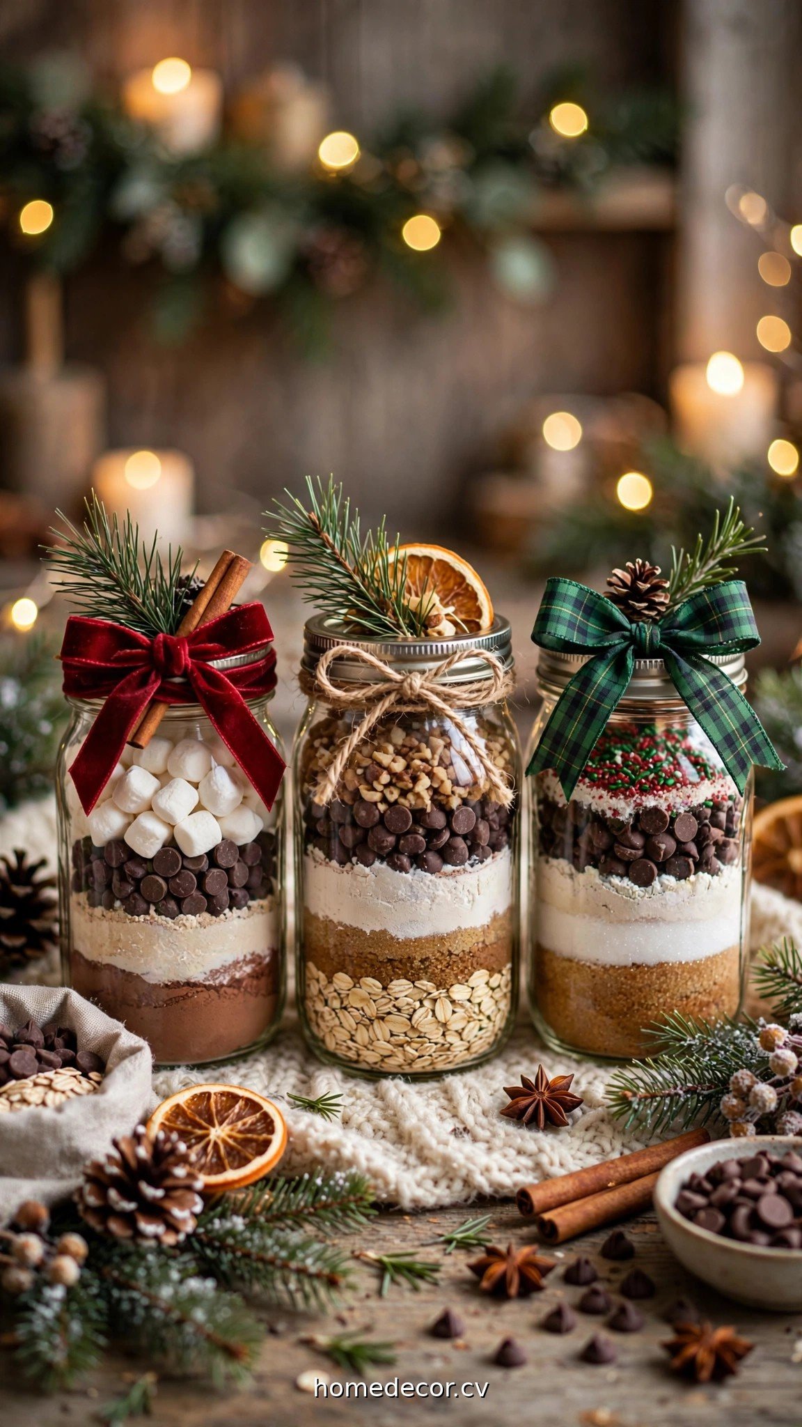 Mason jar Christmas gifts including layered cocoa mix and cookie ingredients with ribbons