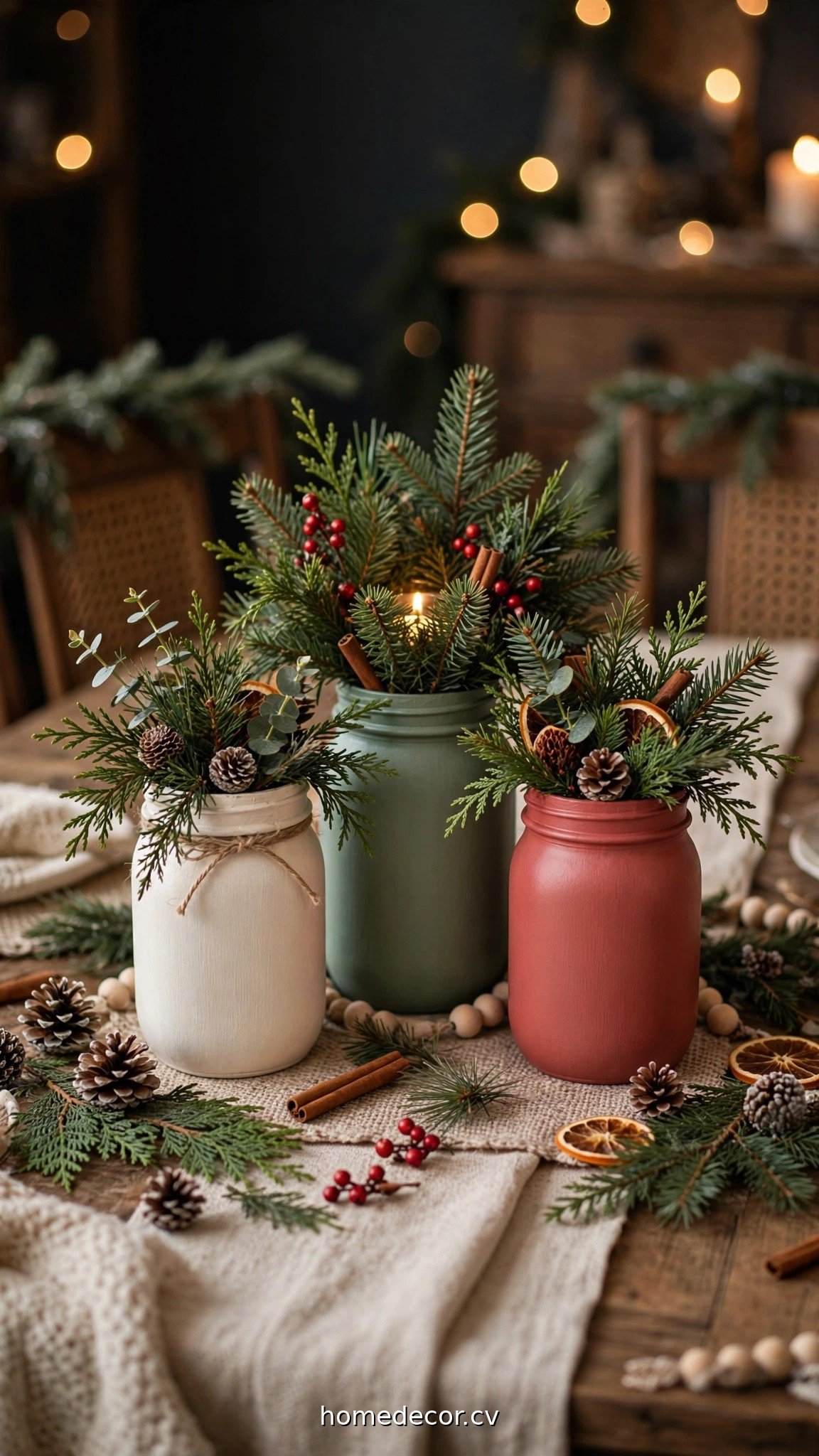 Christmas mason jar centerpieces with evergreen sprigs and painted jars on a dining table