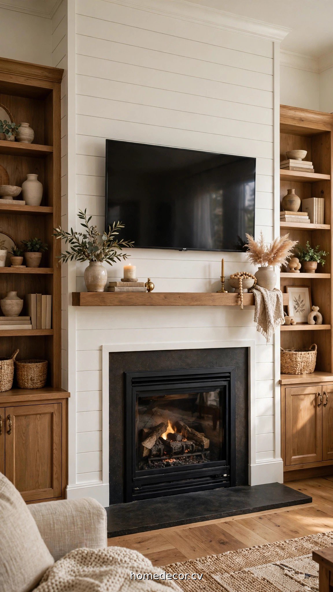 TV mounted above a shiplap fireplace with styled mantel and built-in shelves