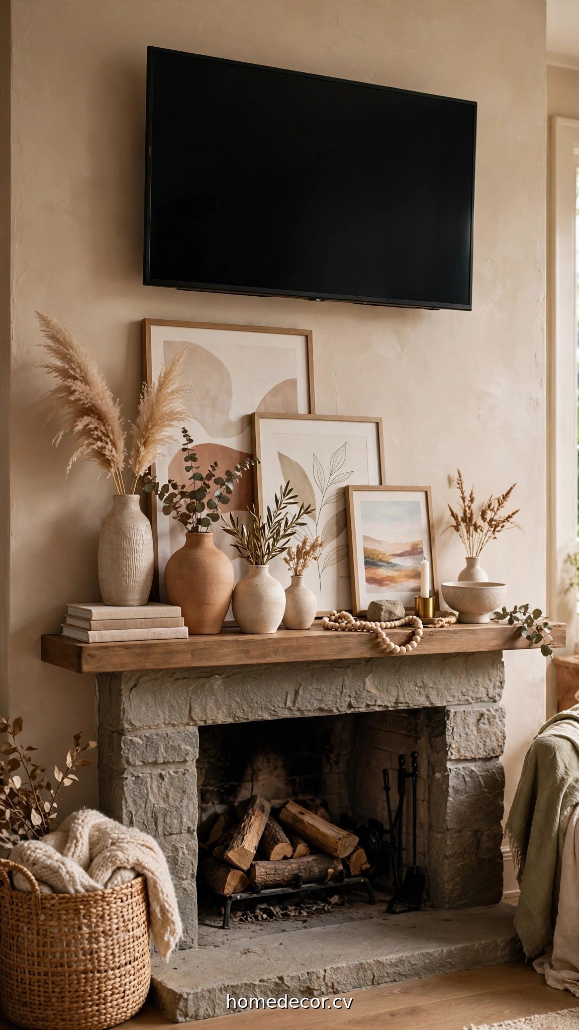 Styled fireplace mantel below a wall-mounted TV with vases and layered art