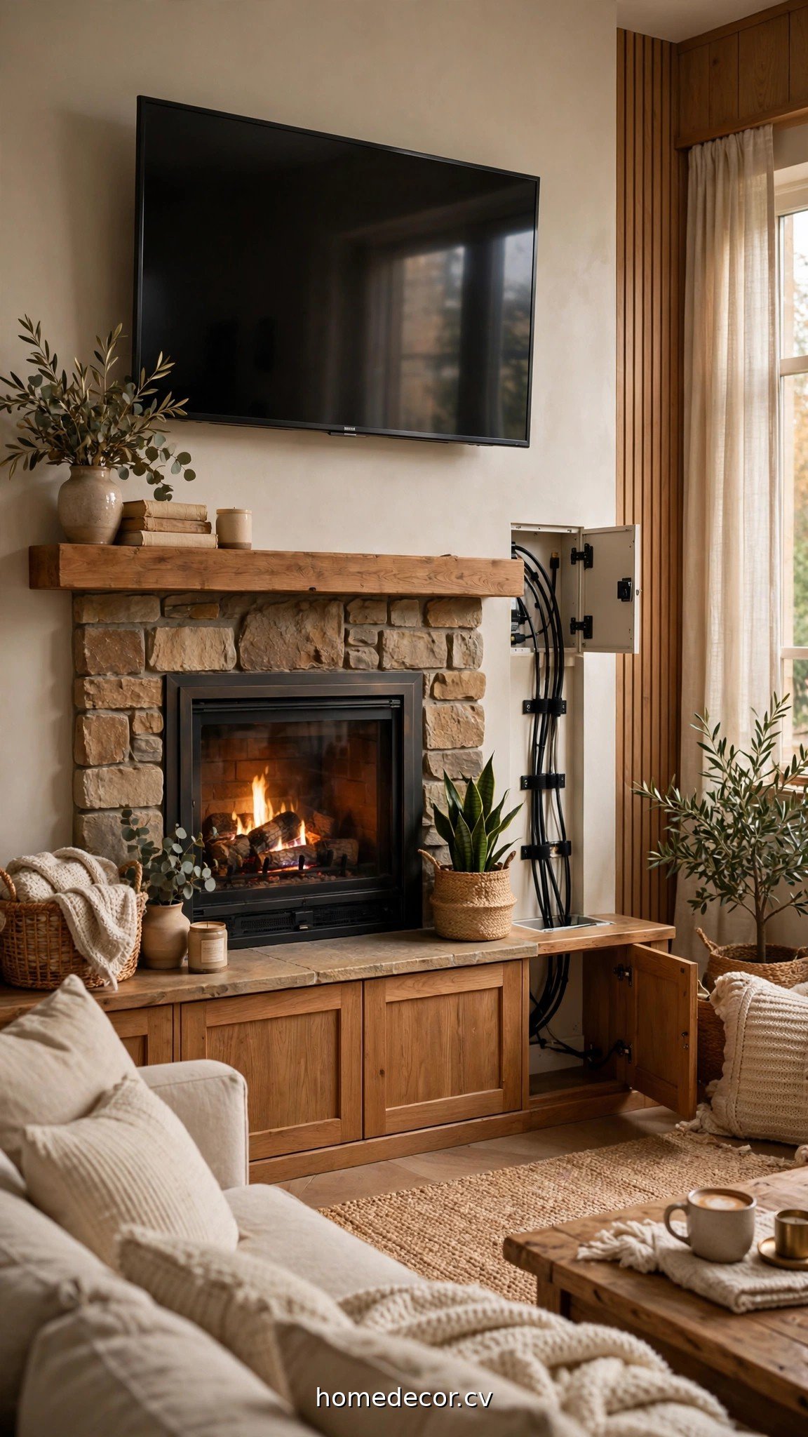 Cozy living room with TV above fireplace showing hidden cables and comfortable viewing angle
