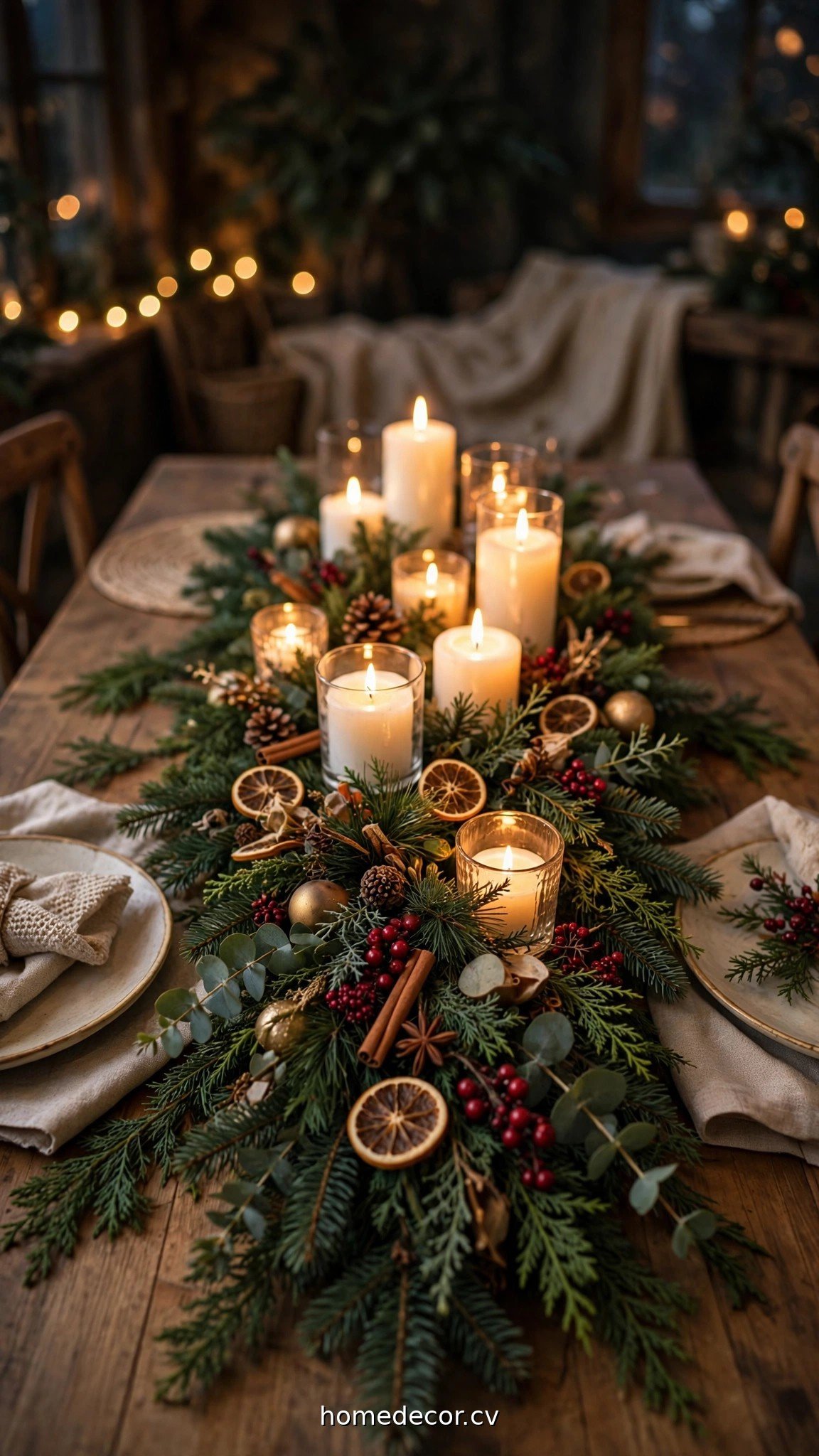 Christmas dining table centerpiece with evergreen garland runner and glowing candles