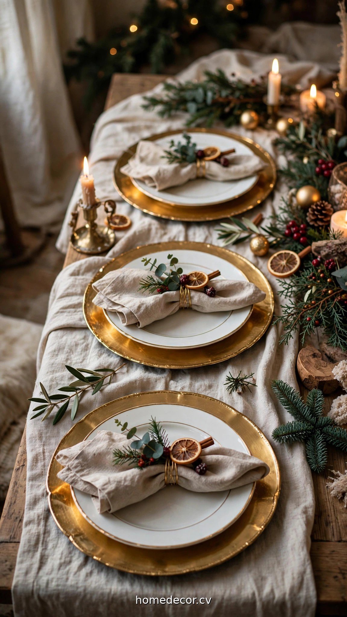 Elegant Christmas place settings with gold chargers and folded napkins