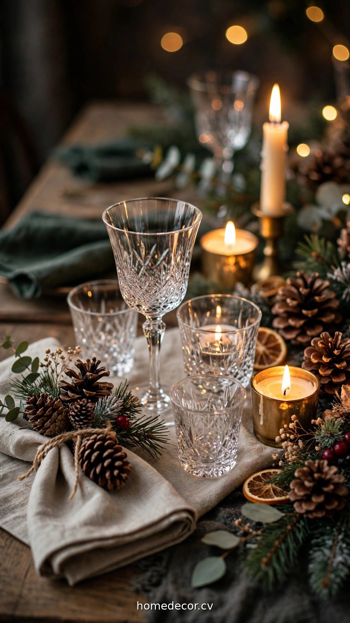 Candlelit Christmas dining table details with crystal glasses and pinecone accents