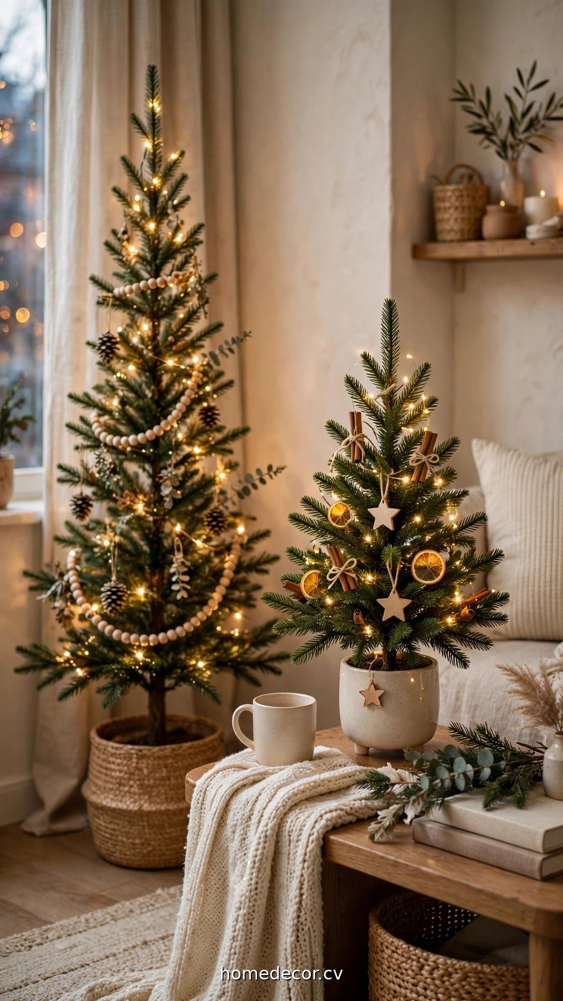 Small Christmas tree styles including tabletop and slim pencil trees in cozy corners