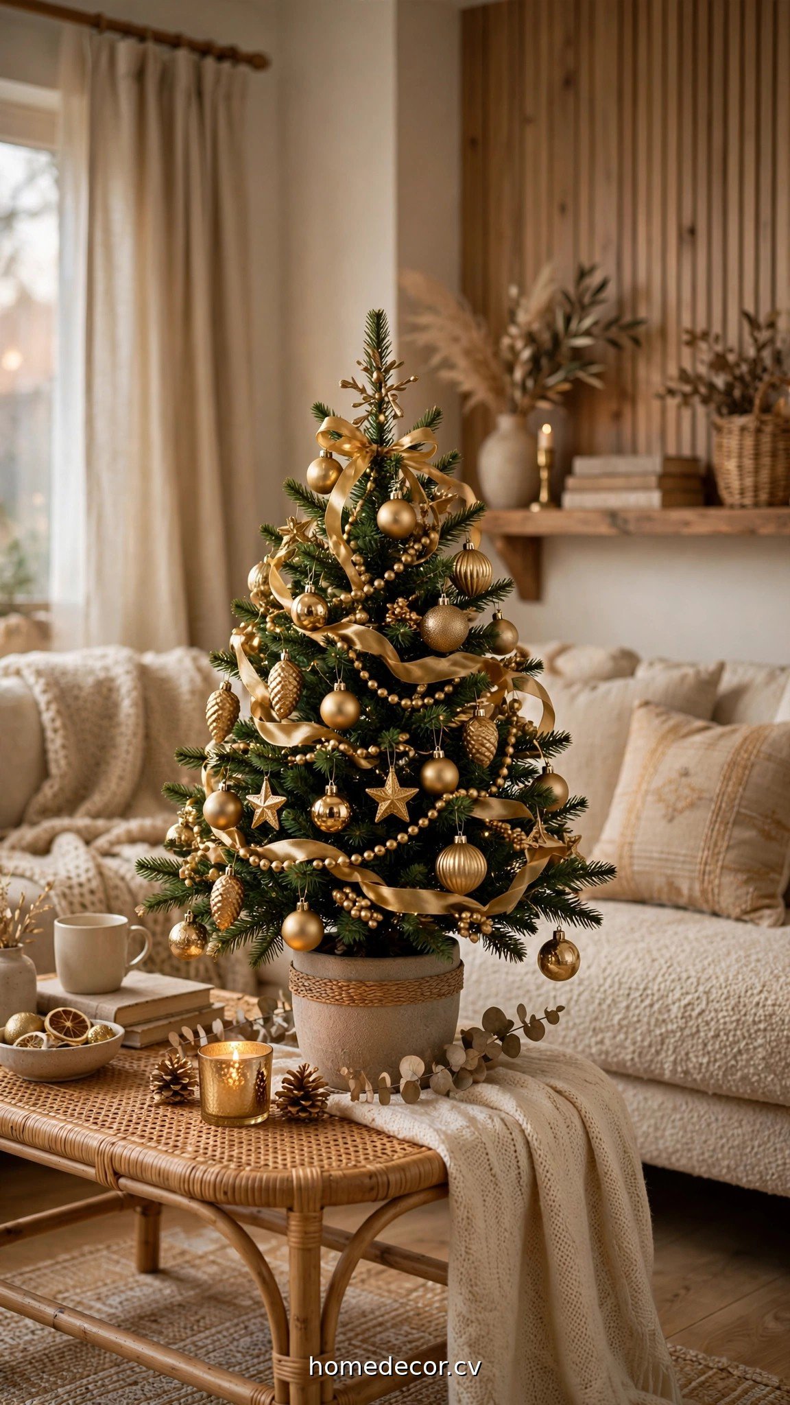 Beautifully decorated small Christmas tree with monochromatic gold ornaments and ribbon