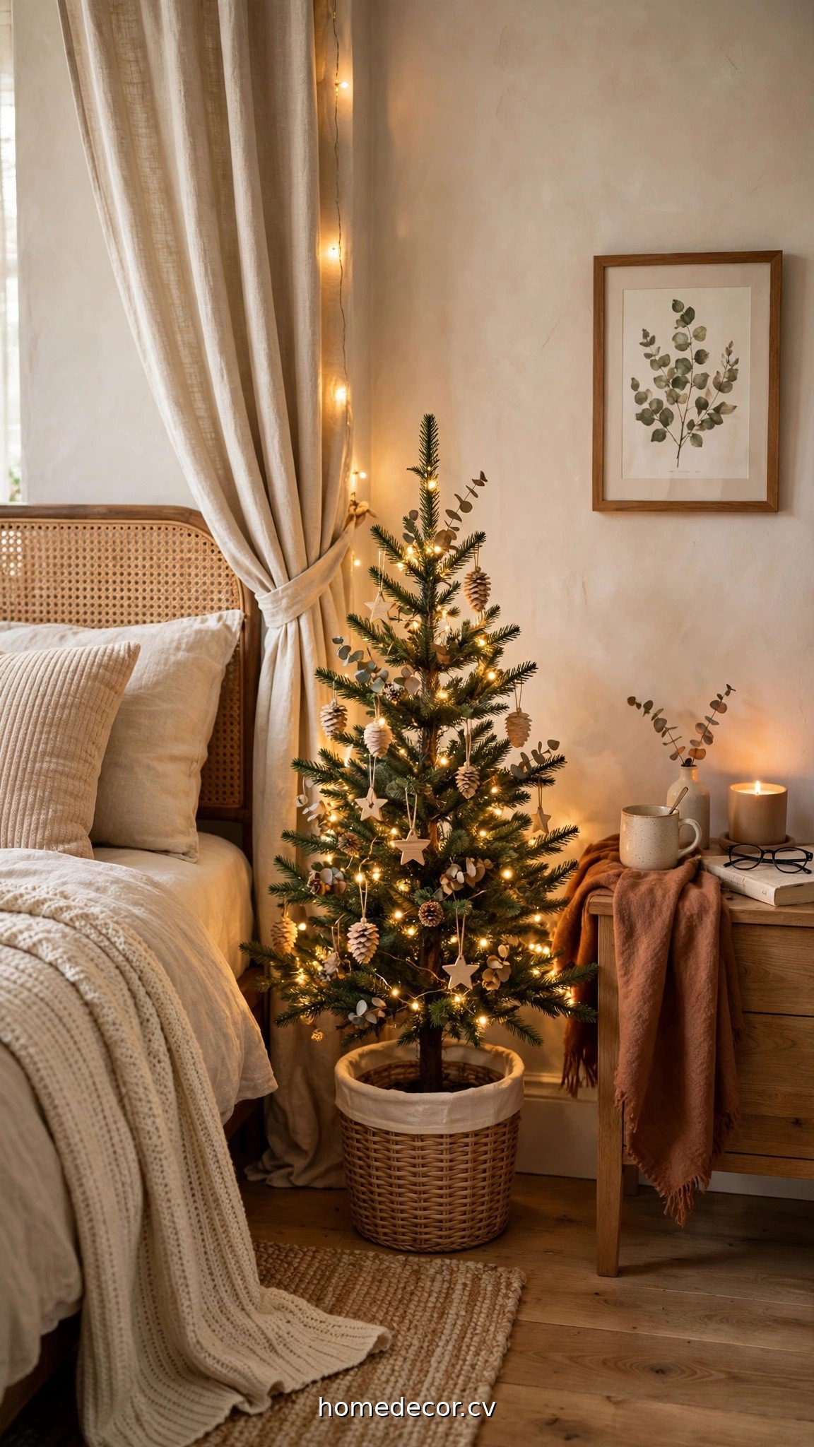 Small Christmas tree styled in a cozy bedroom corner with warm lights