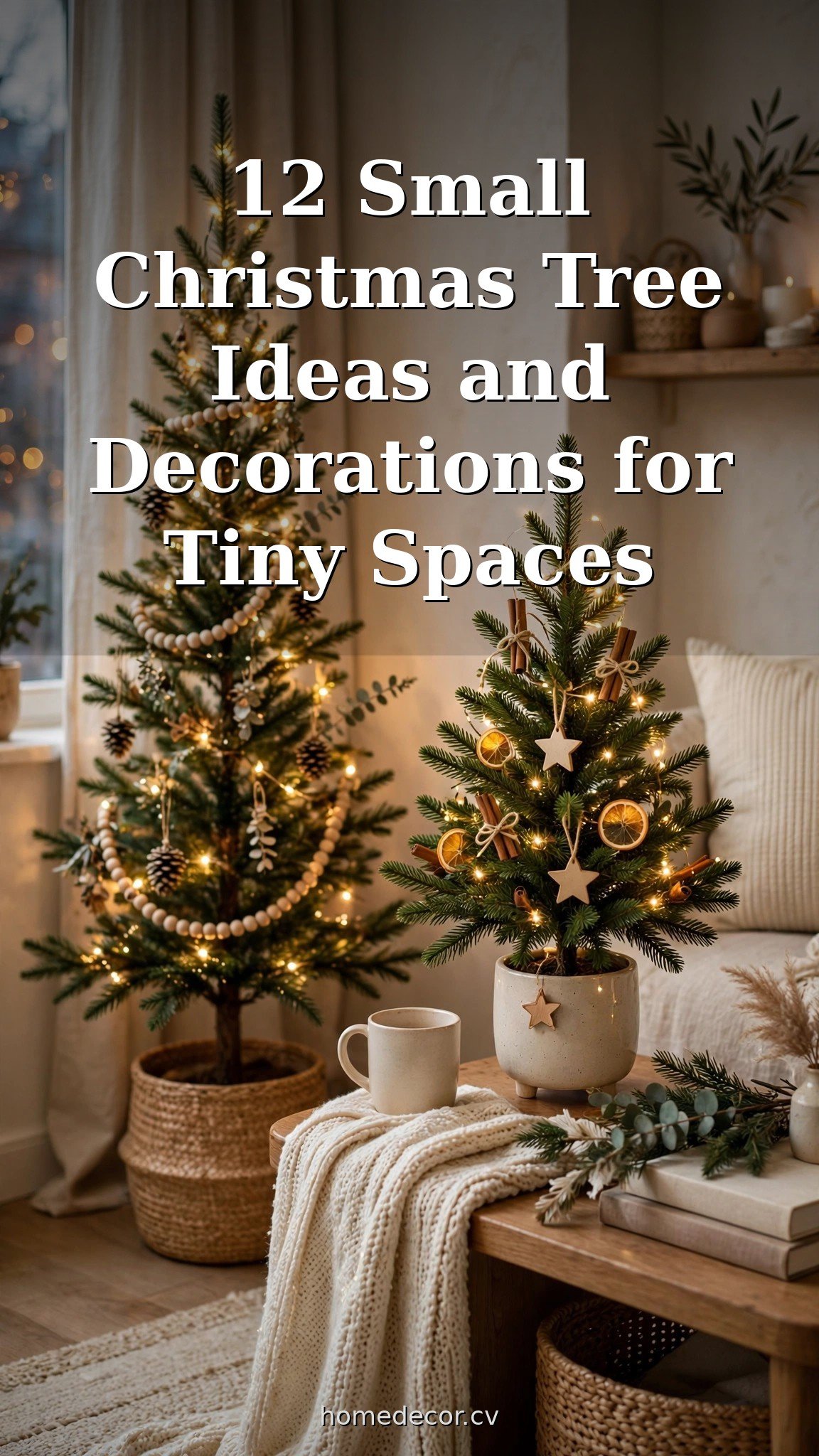 Pinterest pin: 12 Small Christmas Tree Ideas and Decorations for Tiny Spaces