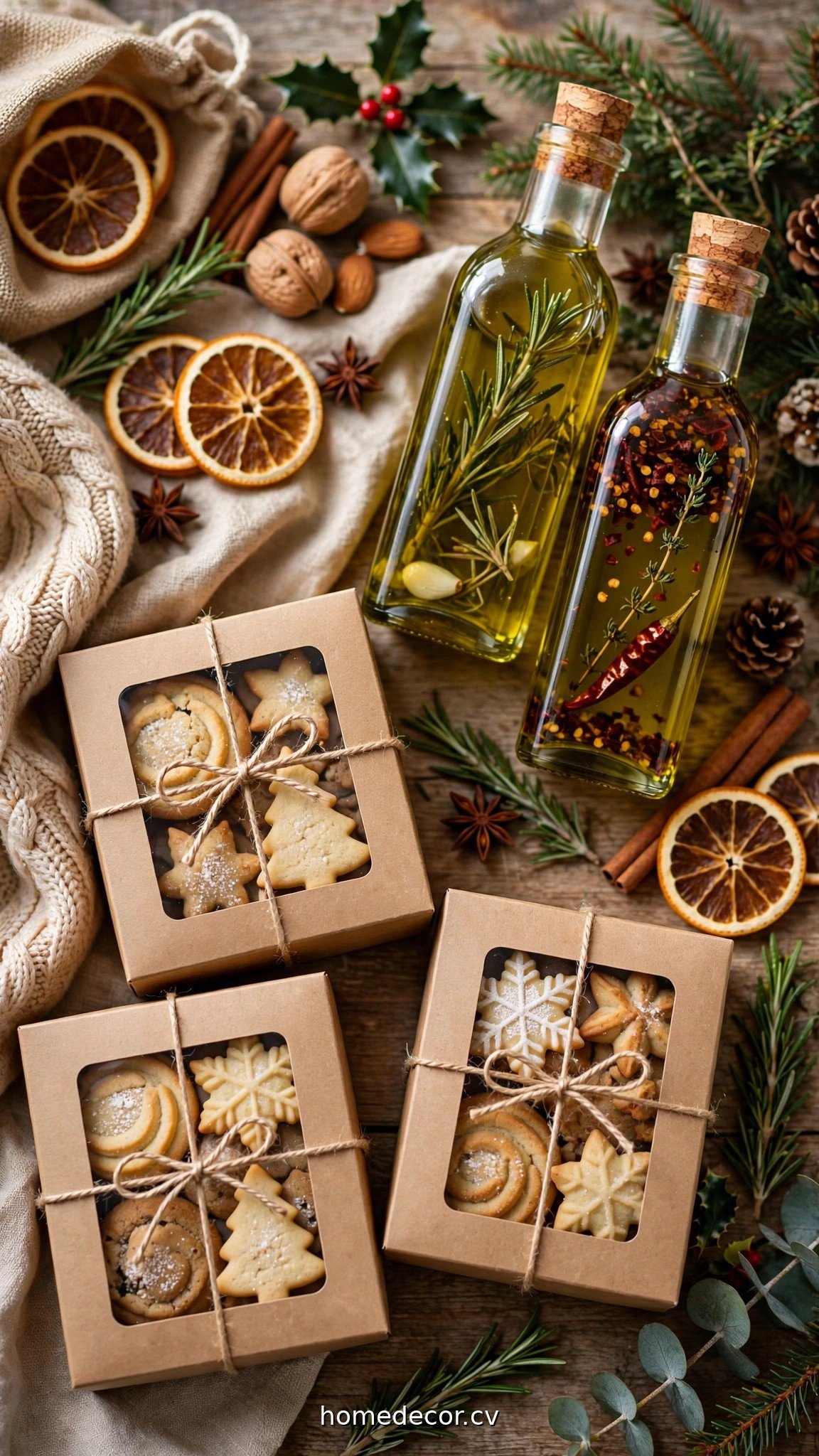 Homemade edible Christmas gifts including cookie boxes and infused olive oil bottles