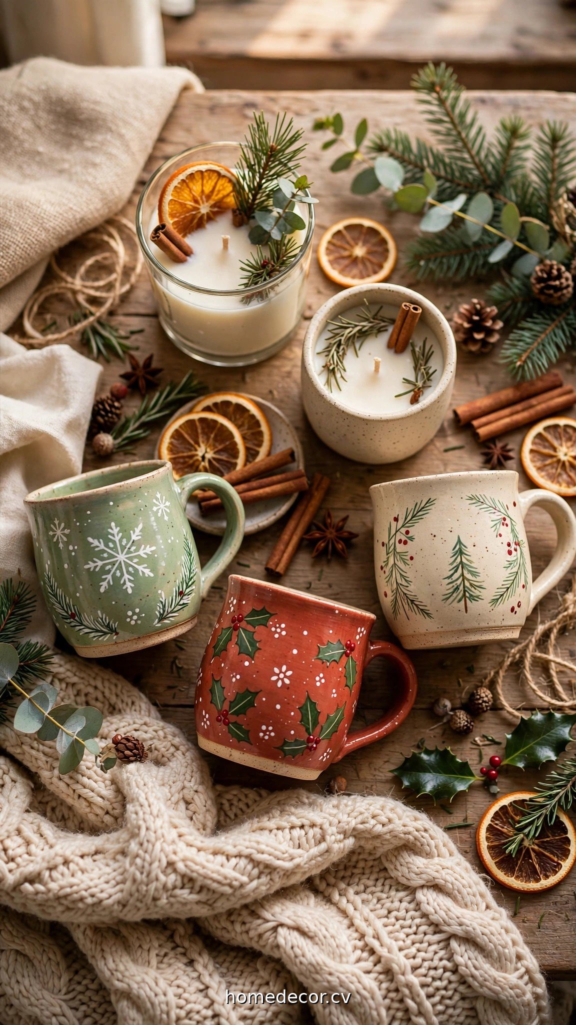 Handmade home gifts including poured candles and painted mugs with Christmas styling