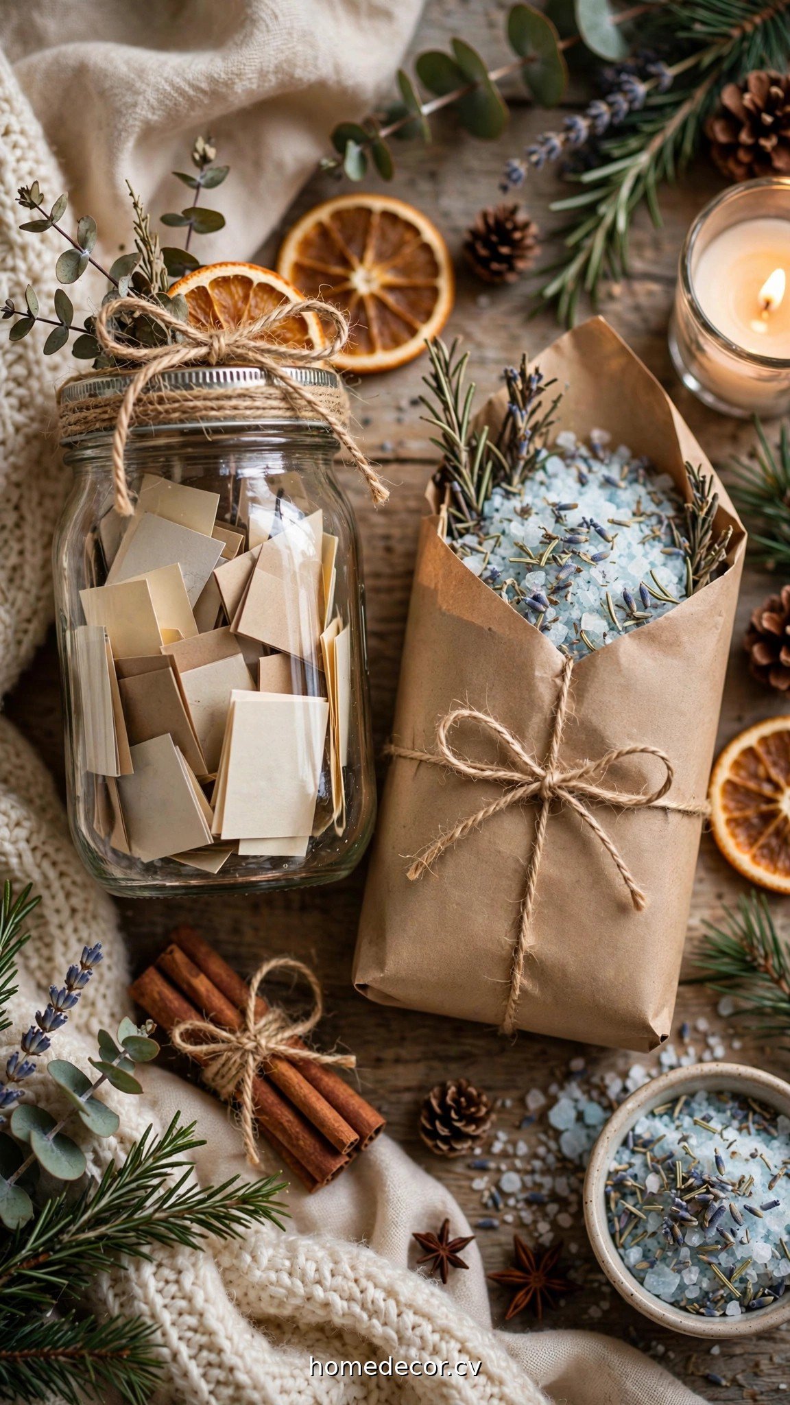 Quick personalized Christmas gifts including a memory jar and bath salts with kraft wrapping