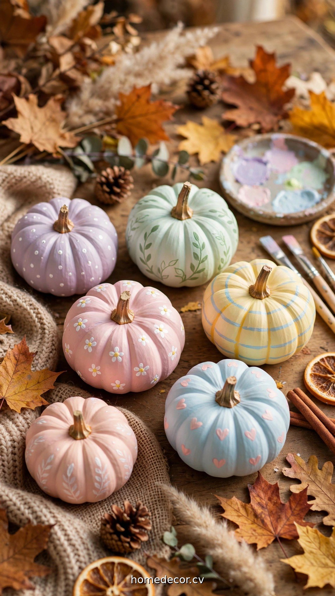 Hand-painted mini pumpkins in pastel colors with simple painted designs