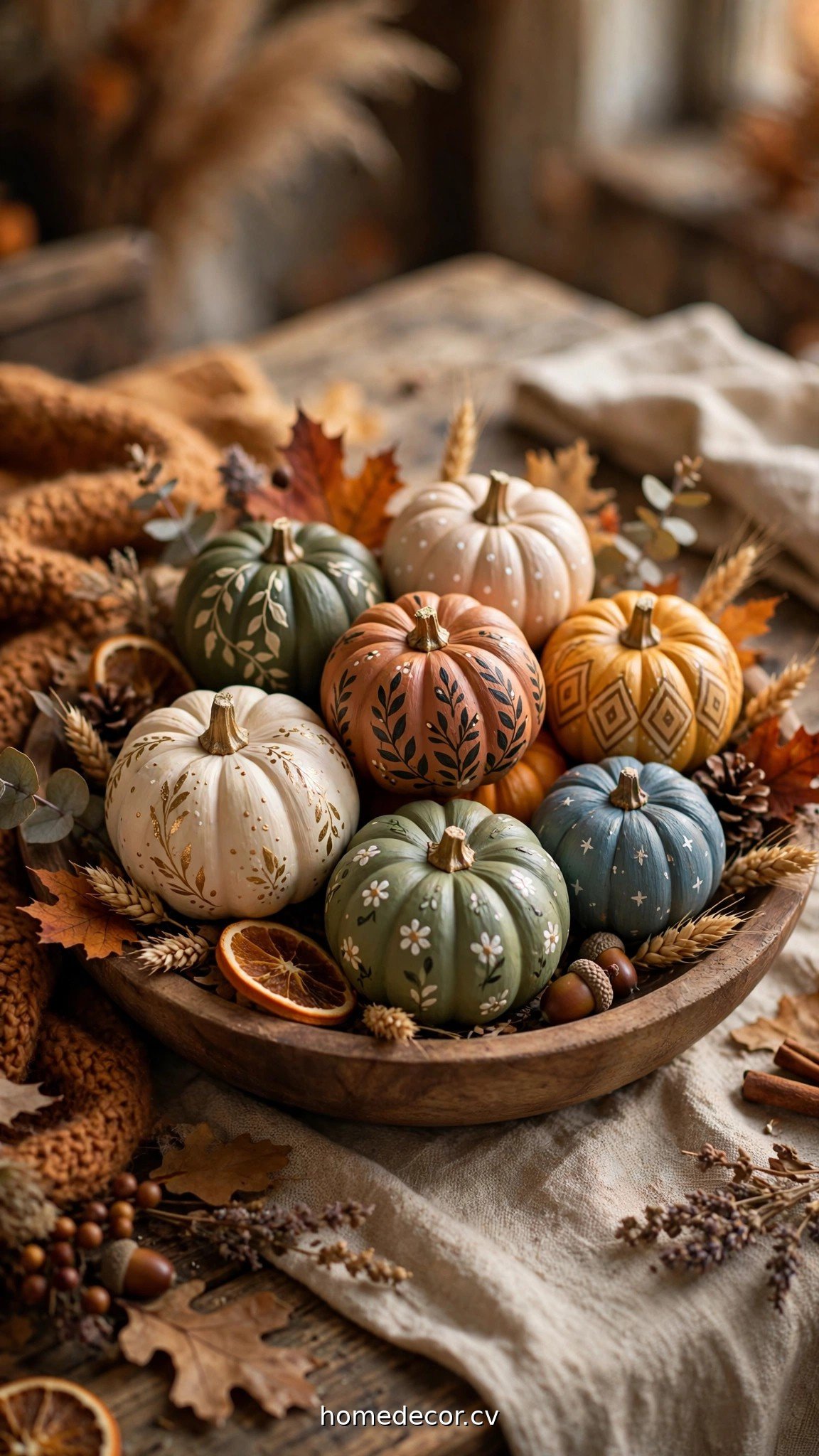 Painted mini pumpkins arranged in a wooden bowl as a fall table centerpiece
