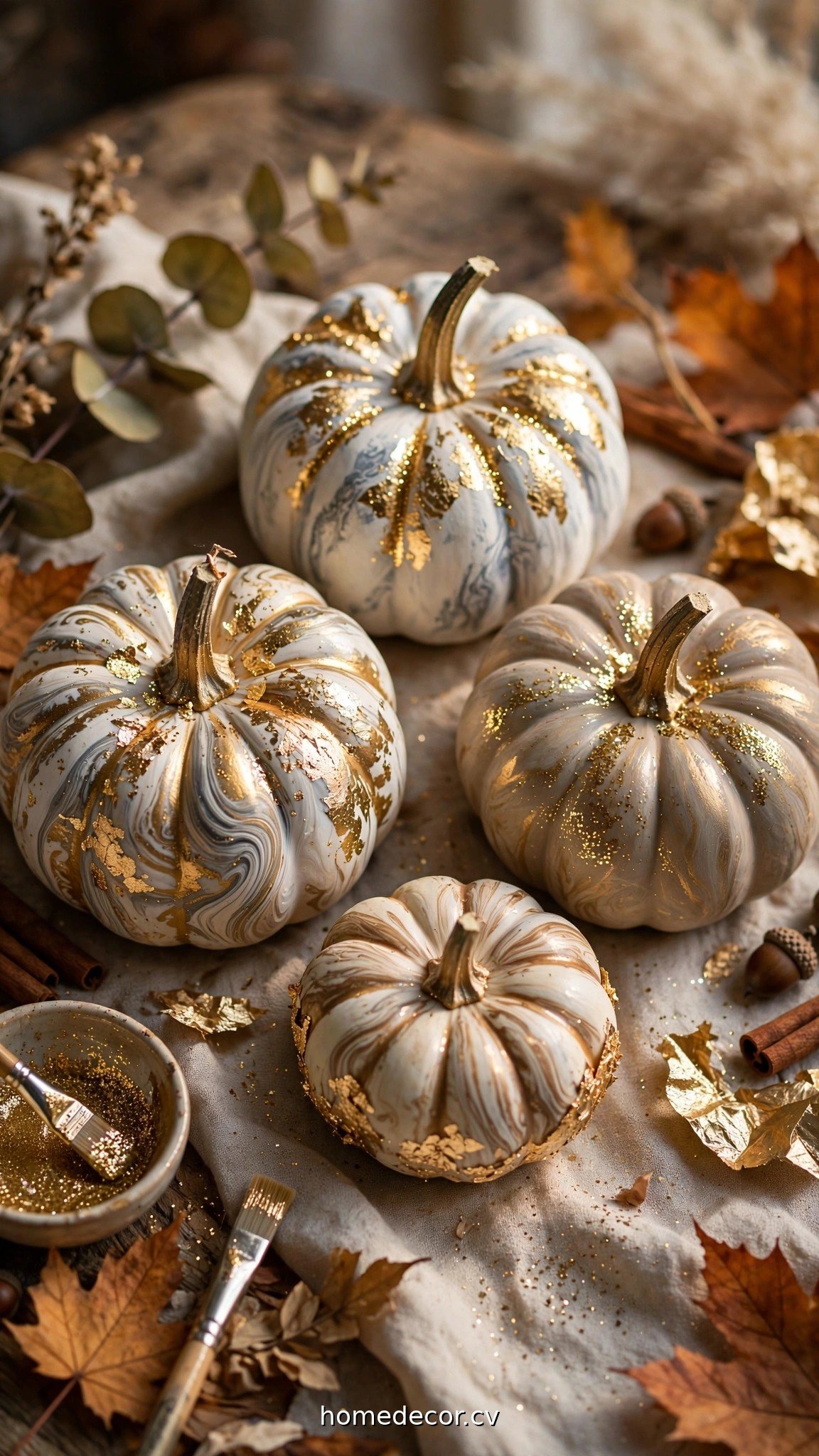 Elegant mini pumpkins with gold leaf, marble paint and glitter details